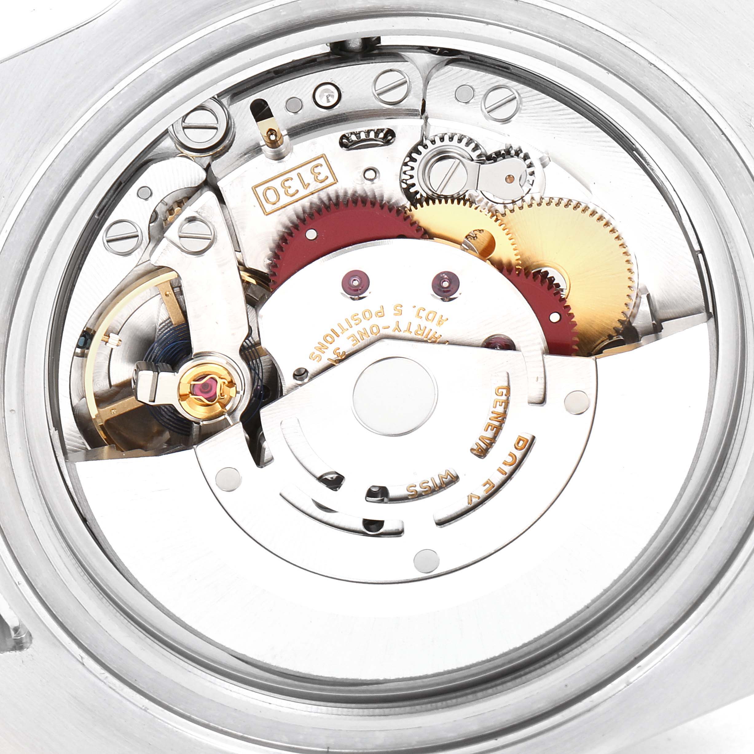 The image shows a close-up view of the movement of a Rolex Submariner 114060 Men
s Stainless Steel Black Dial 114060 Men
s Stainless Steel Black Dial watch, highlighting its internal gears and components.