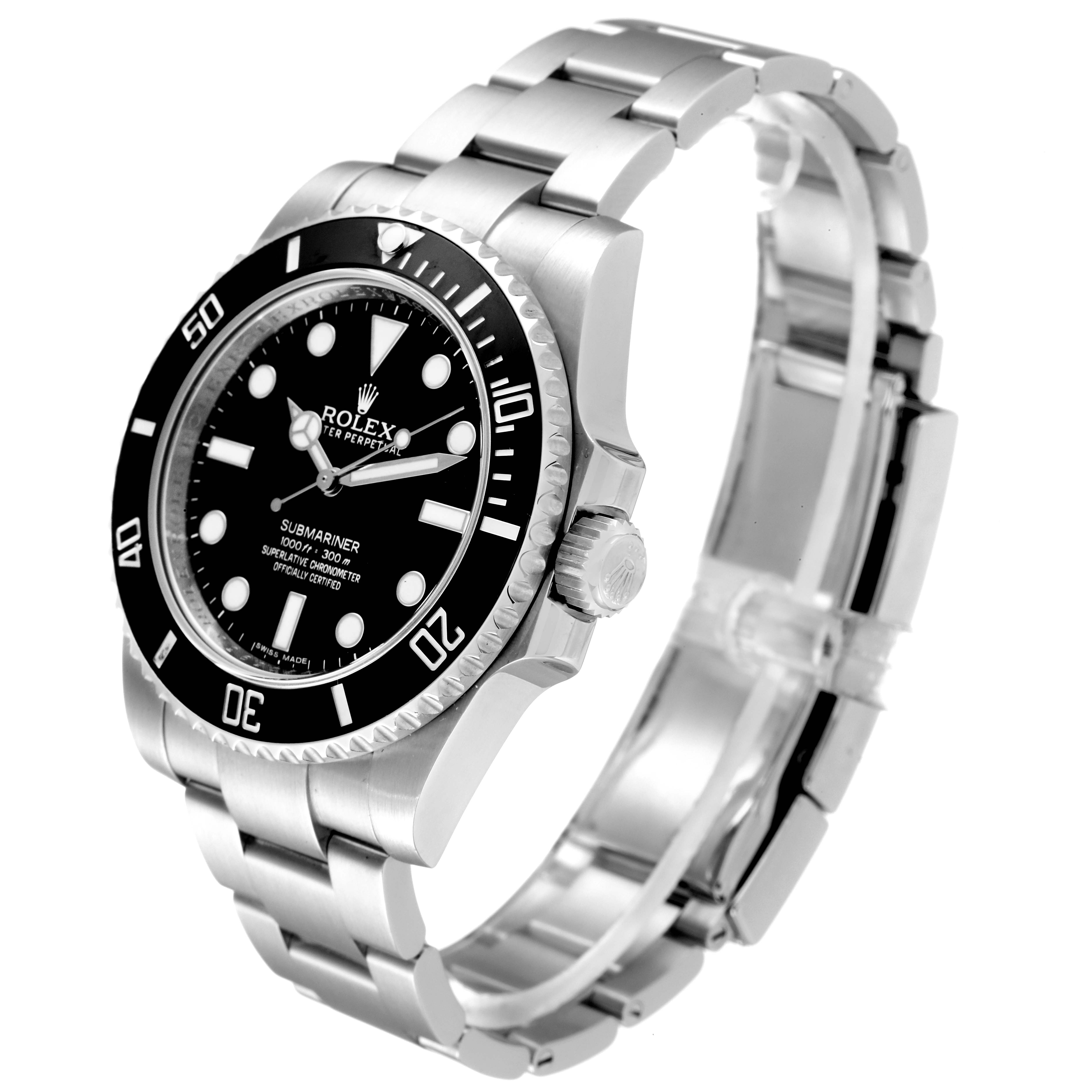 The Rolex Submariner 114060 Men
s Stainless Steel Black Dial 114060 Men
s Stainless Steel Black Dial watch is shown at a slight angle, highlighting the face, bezel, crown, and bracelet.