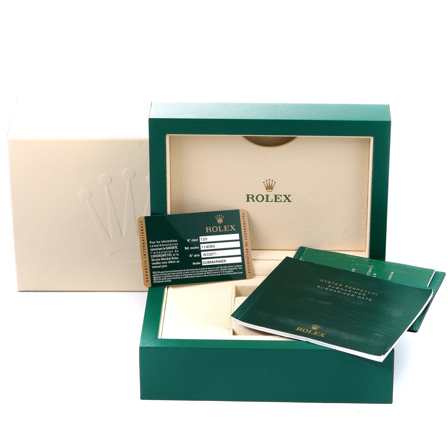 The image shows an open Rolex Submariner 114060 Men
s Stainless Steel Black Dial 114060 Men
s Stainless Steel Black Dial box with accompanying papers and warranty card.