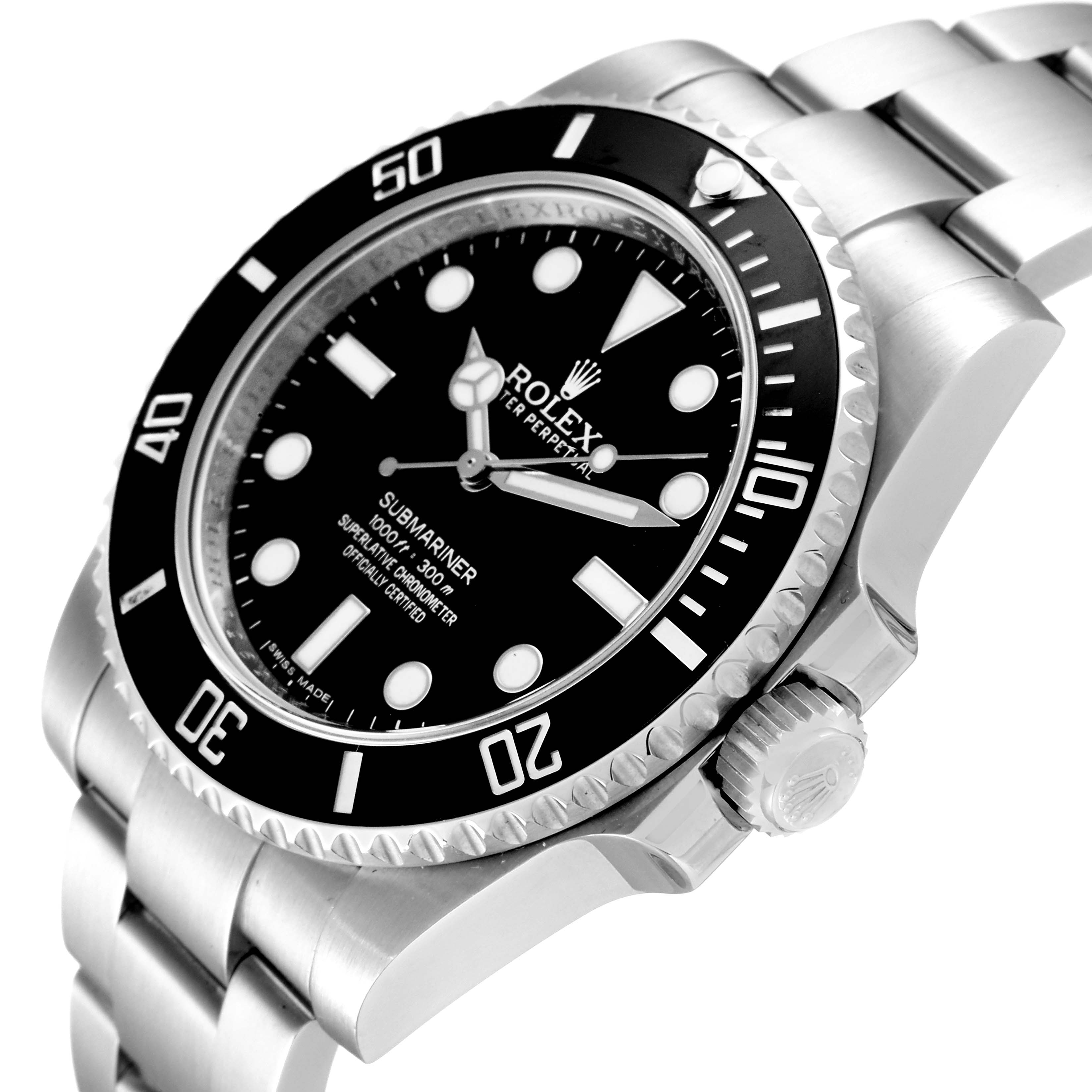 The image shows a close-up view of the face and side of a Rolex Submariner 114060 Men
s Stainless Steel Black Dial 114060 Men
s Stainless Steel Black Dial watch, showcasing its bezel, dial, crown, and part of the bracelet.