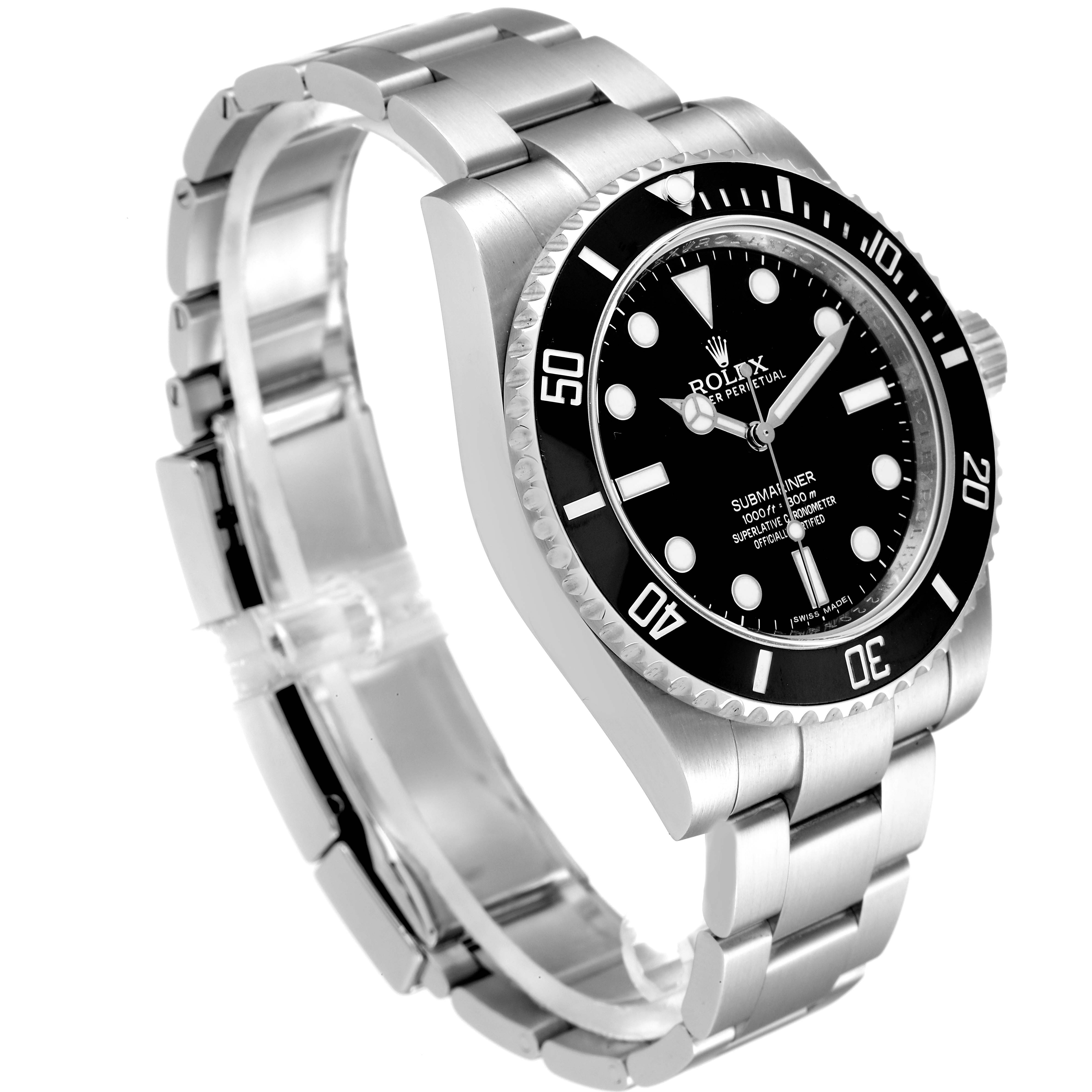 The image shows a Rolex Submariner 114060 Men
s Stainless Steel Black Dial 114060 Men
s Stainless Steel Black Dial watch from a left-side angle, displaying the face, bezel, crown, and bracelet.