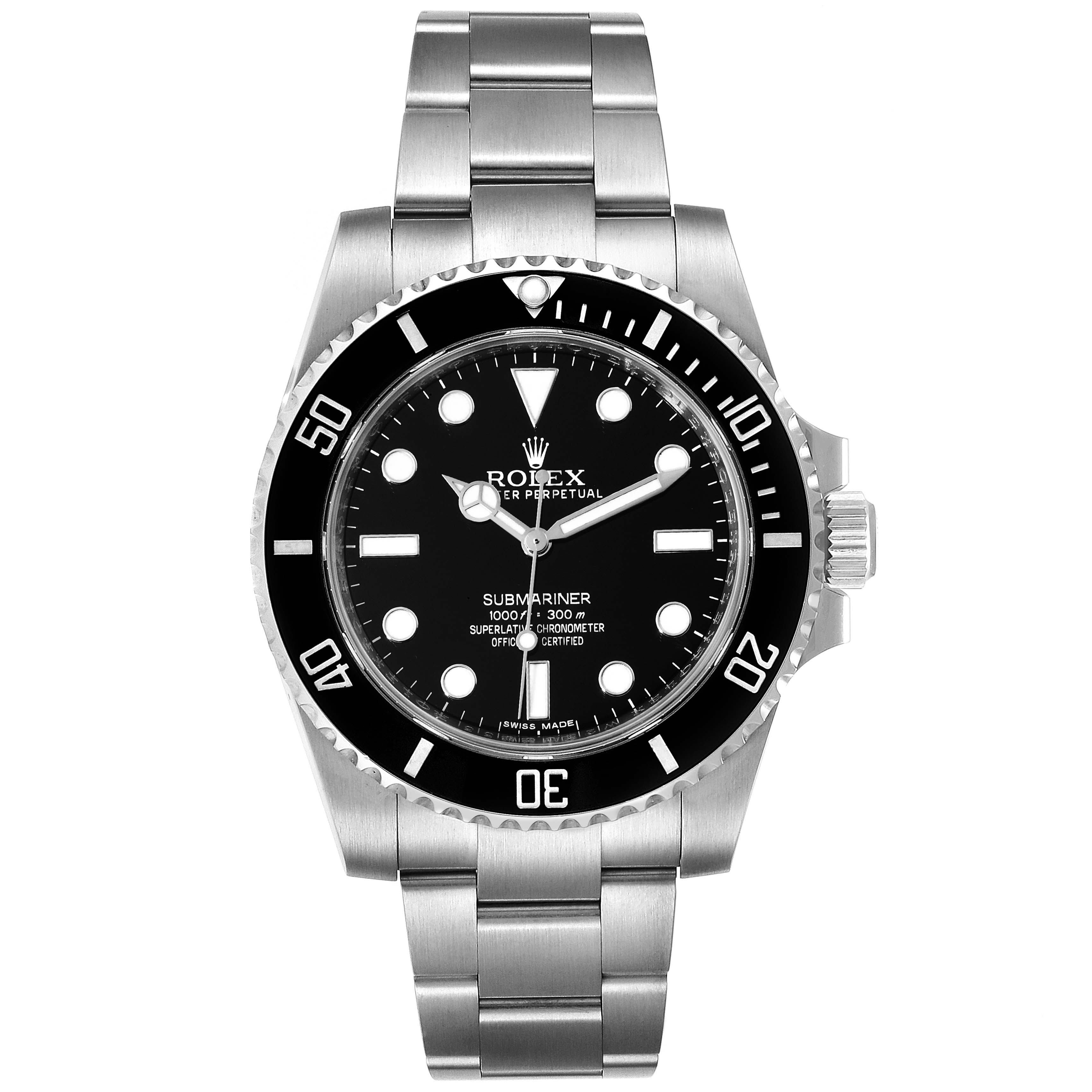 The image shows a front angle of the Rolex Submariner 114060 Men
s Stainless Steel Black Dial 114060 Men
s Stainless Steel Black Dial watch, displaying its face, bezel, and metal bracelet.