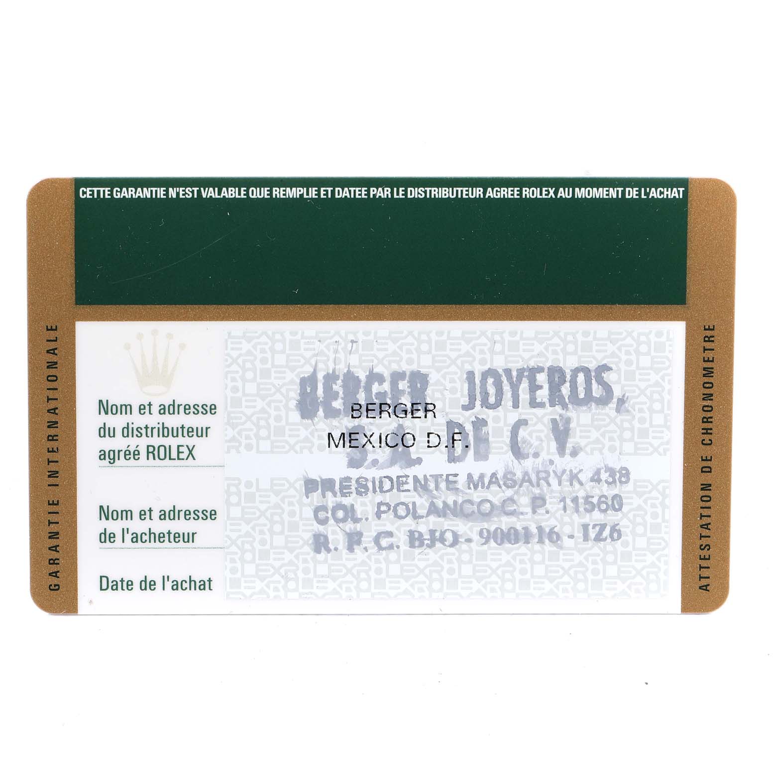 This is the guarantee card for the Rolex Submariner 114060 Men
s Stainless Steel Black Dial 114060 Men
s Stainless Steel Black Dial, showing distributor and purchaser information.