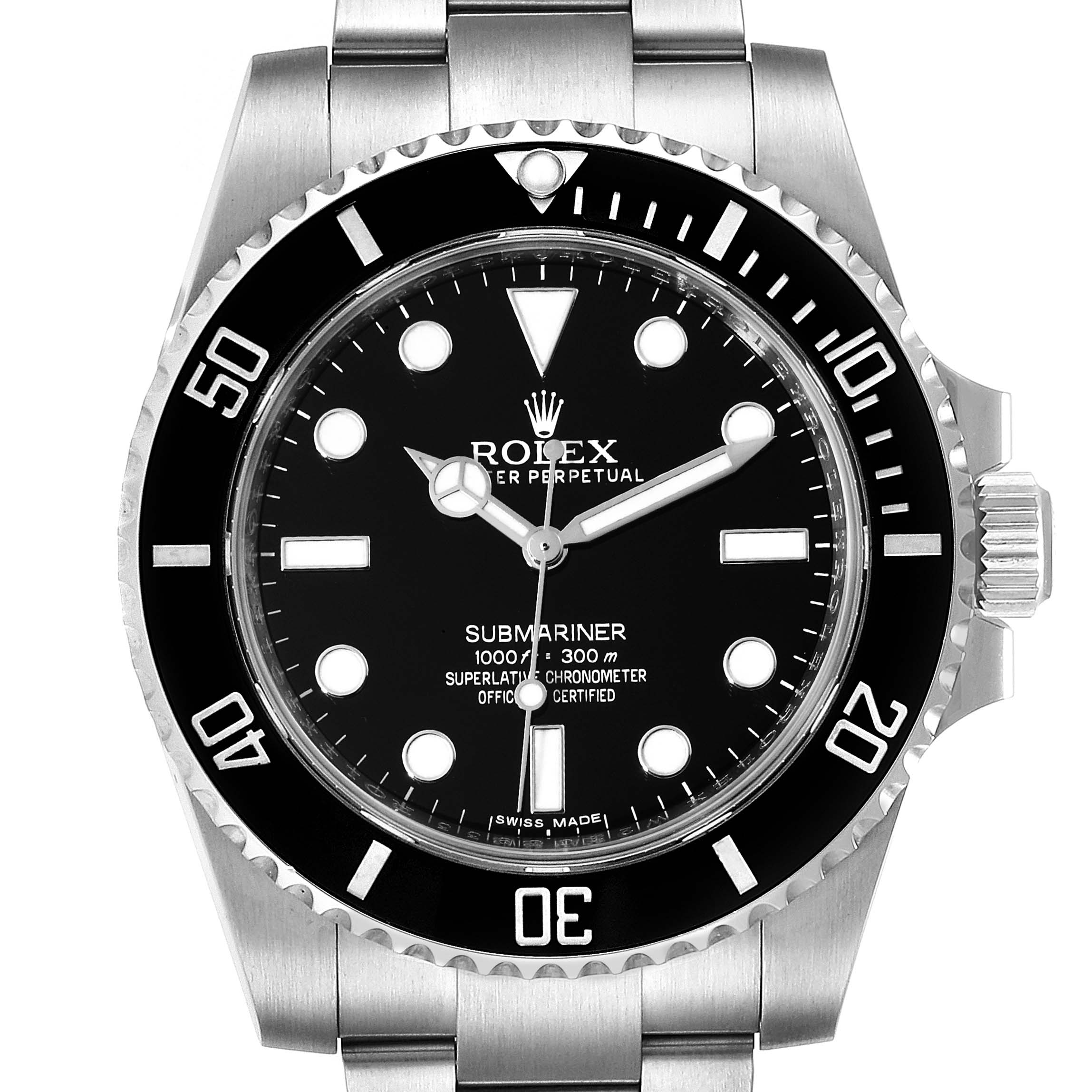 The image shows a front view of a Rolex Submariner 114060 Men
s Stainless Steel Black Dial 114060 Men
s Stainless Steel Black Dial watch, highlighting the dial, bezel, and part of the bracelet.