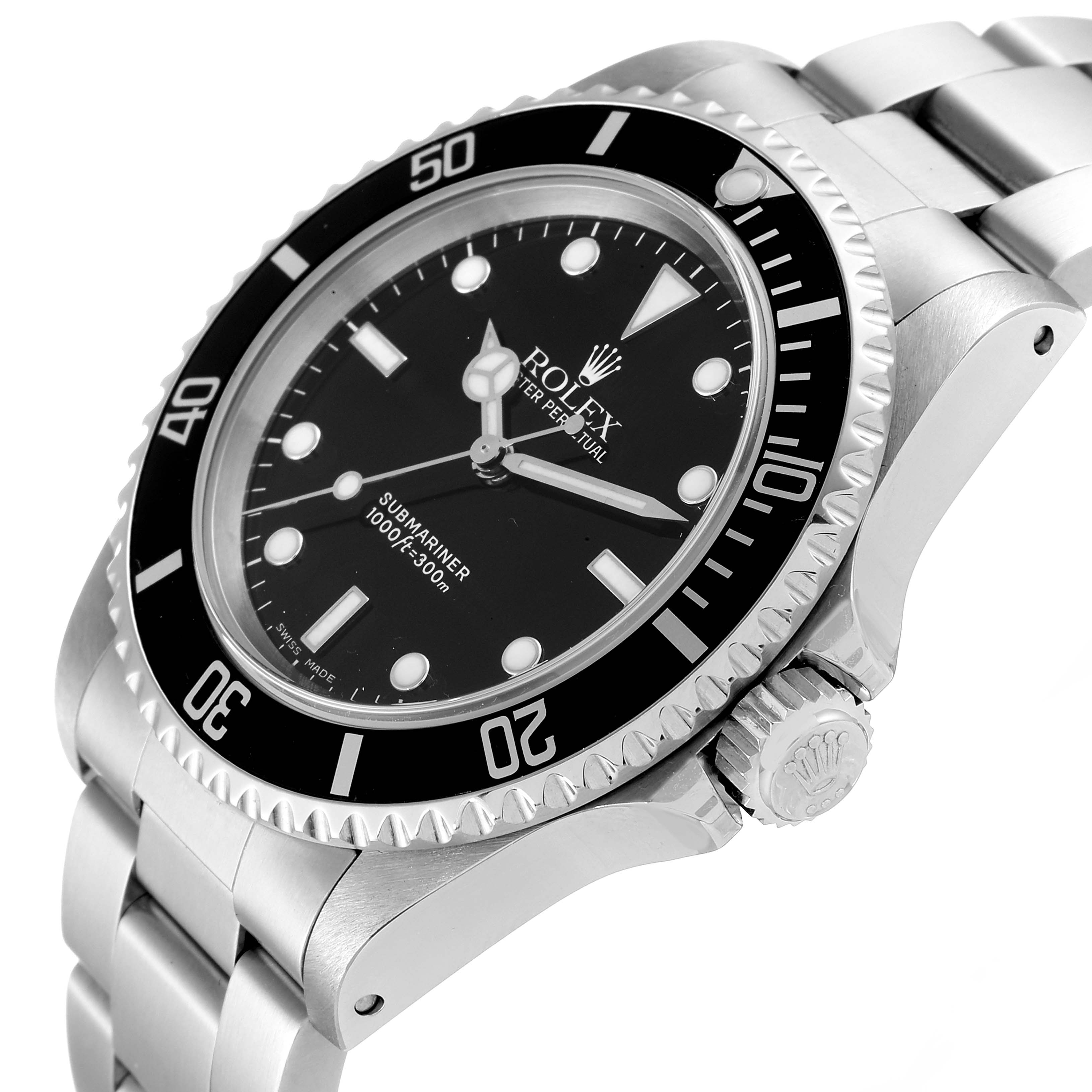 This image shows a side angle of the Rolex Submariner 14060 Men
s Stainless Steel Black Dial 14060 Men
s Stainless Steel Black Dial watch, highlighting the bezel, dial, and crown.