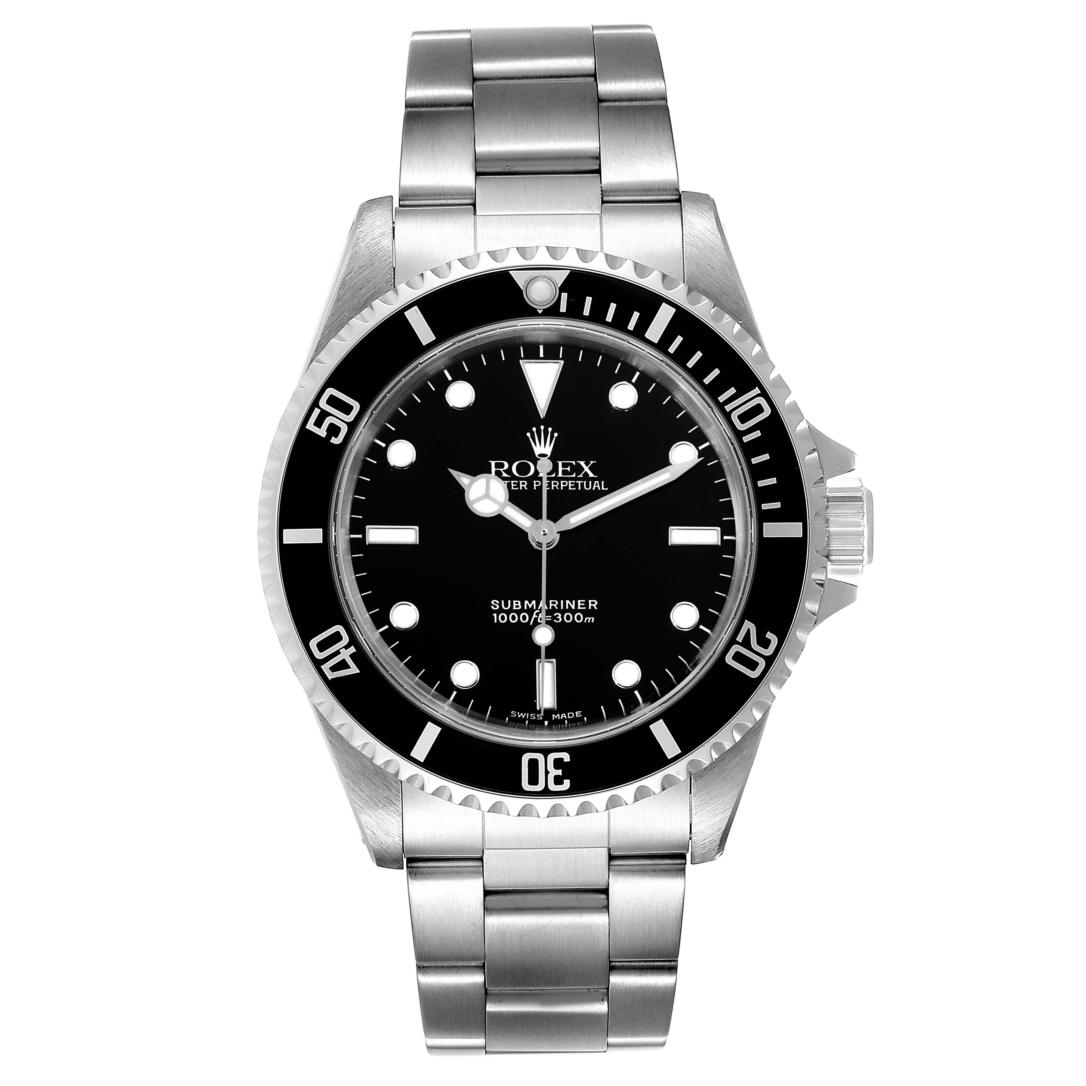 This image shows a front view of the Rolex Submariner 14060 Men
s Stainless Steel Black Dial 14060 Men
s Stainless Steel Black Dial watch, displaying its dial, bezel, and stainless steel bracelet.