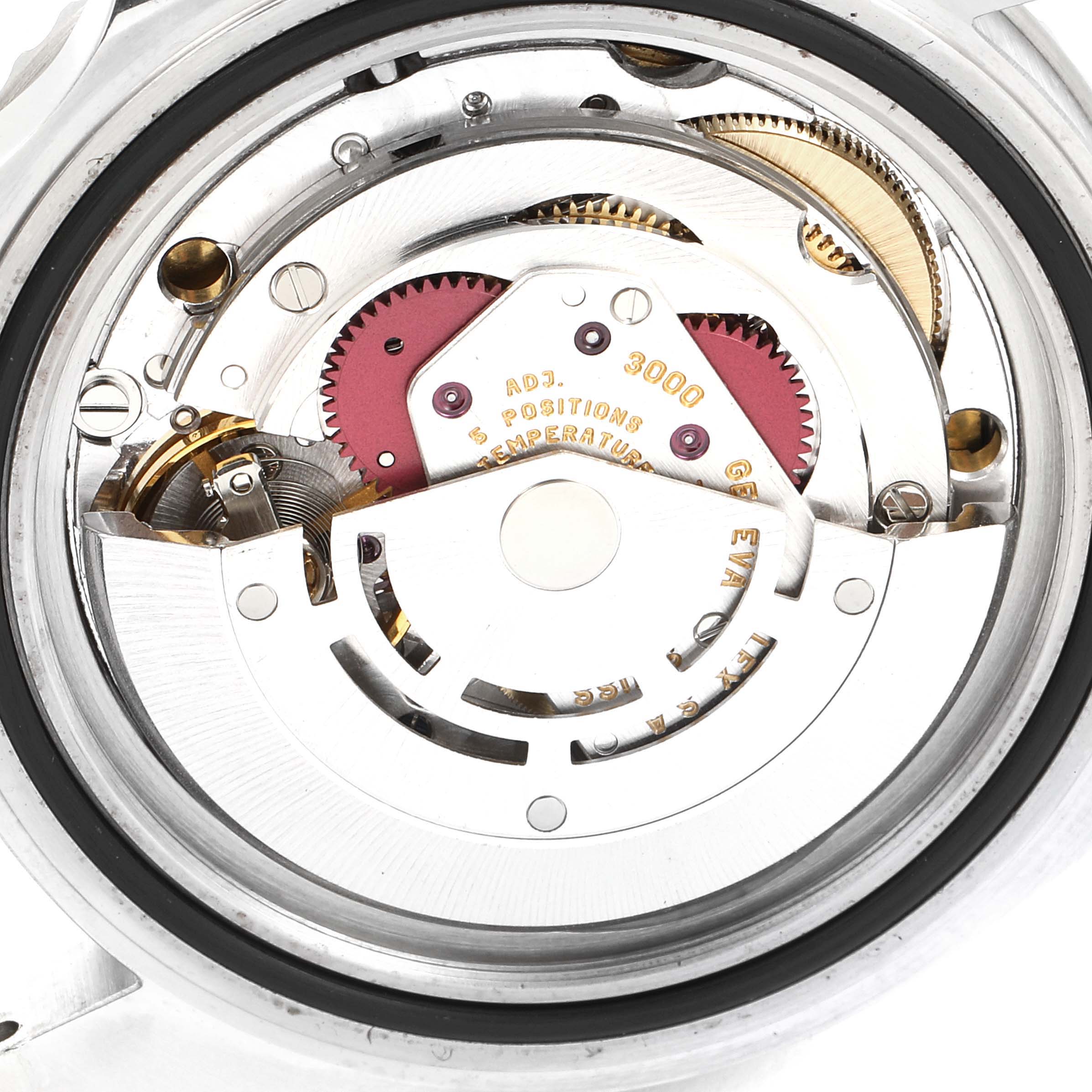 This image shows the intricate internal mechanism of a Rolex Submariner 14060 Men
s Stainless Steel Black Dial 14060 Men
s Stainless Steel Black Dial watch, focusing on its movement parts from a top-down angle.