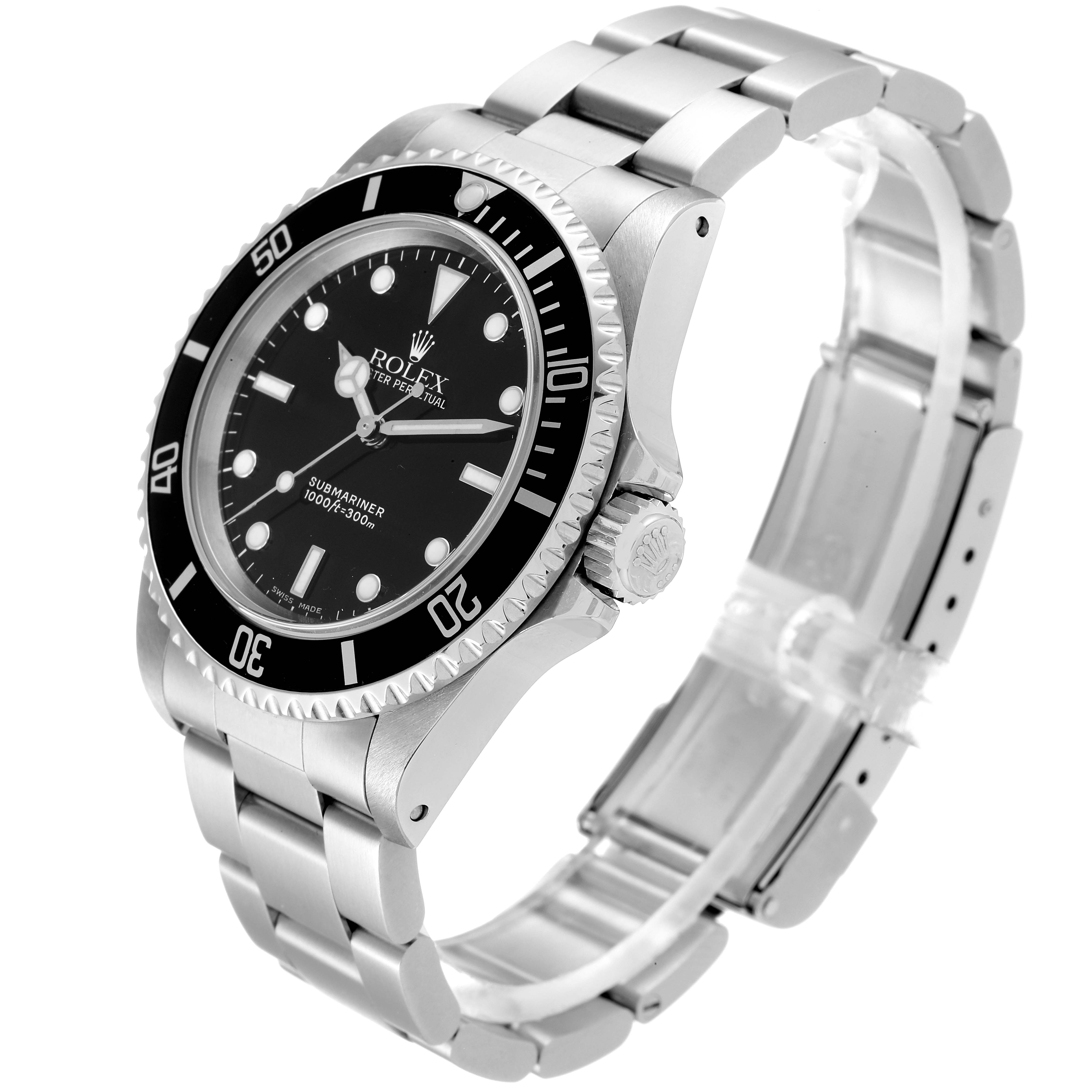 The image shows a Rolex Submariner 14060 Men
s Stainless Steel Black Dial 14060 Men
s Stainless Steel Black Dial watch from an angled side view, displaying the face, bezel, crown, and bracelet.