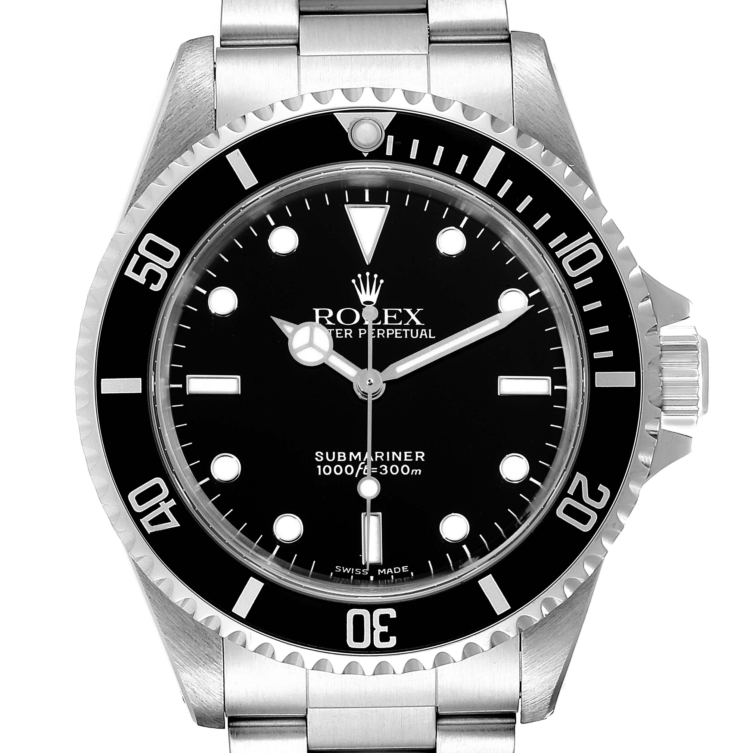 The image shows a front view of the Rolex Submariner 14060 Men
s Stainless Steel Black Dial 14060 Men
s Stainless Steel Black Dial watch, featuring the dial, bezel, crown, and part of the bracelet.