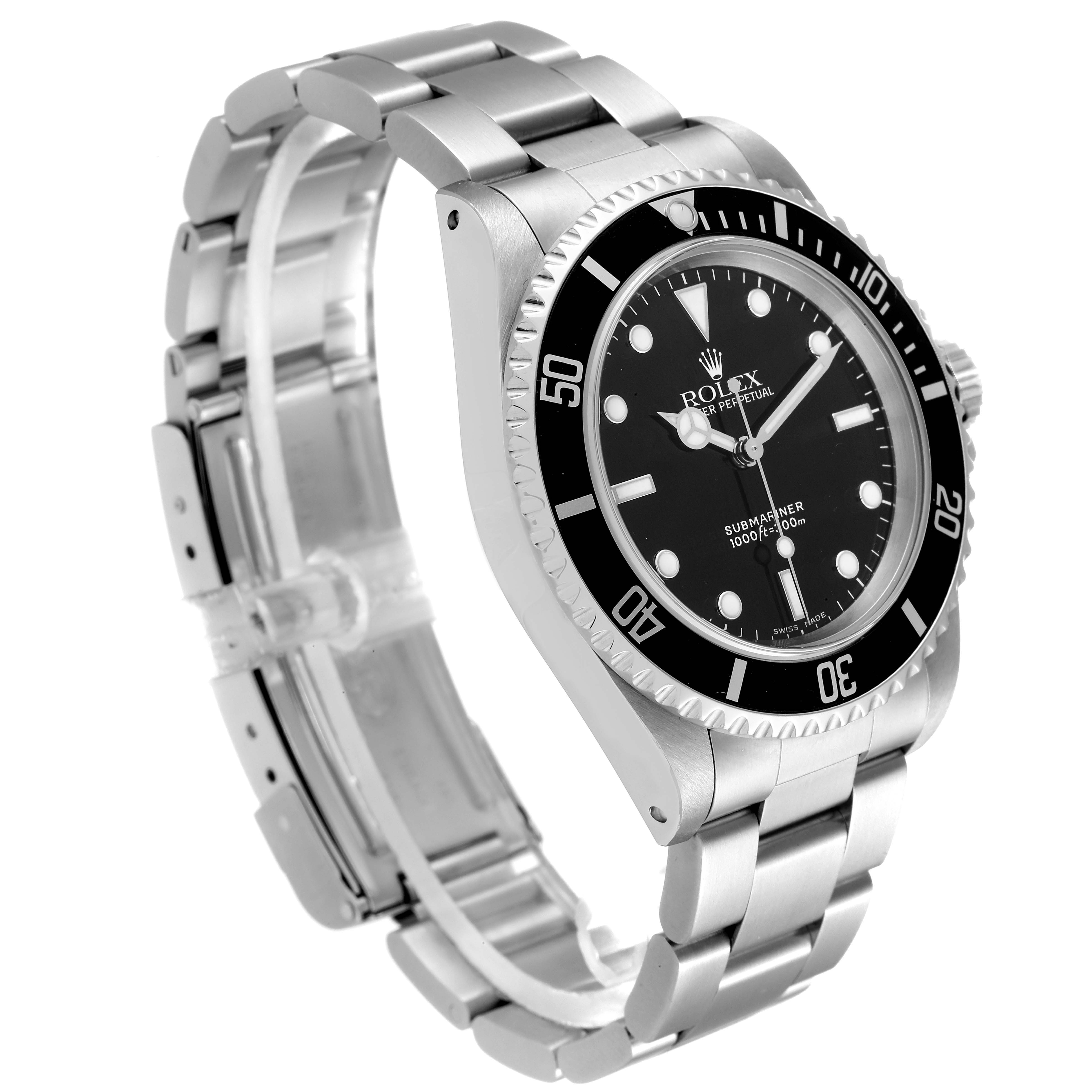 The image shows a side angle of a Rolex Submariner 14060 Men
s Stainless Steel Black Dial 14060 Men
s Stainless Steel Black Dial watch, capturing the stainless steel bracelet, bezel, and dial.