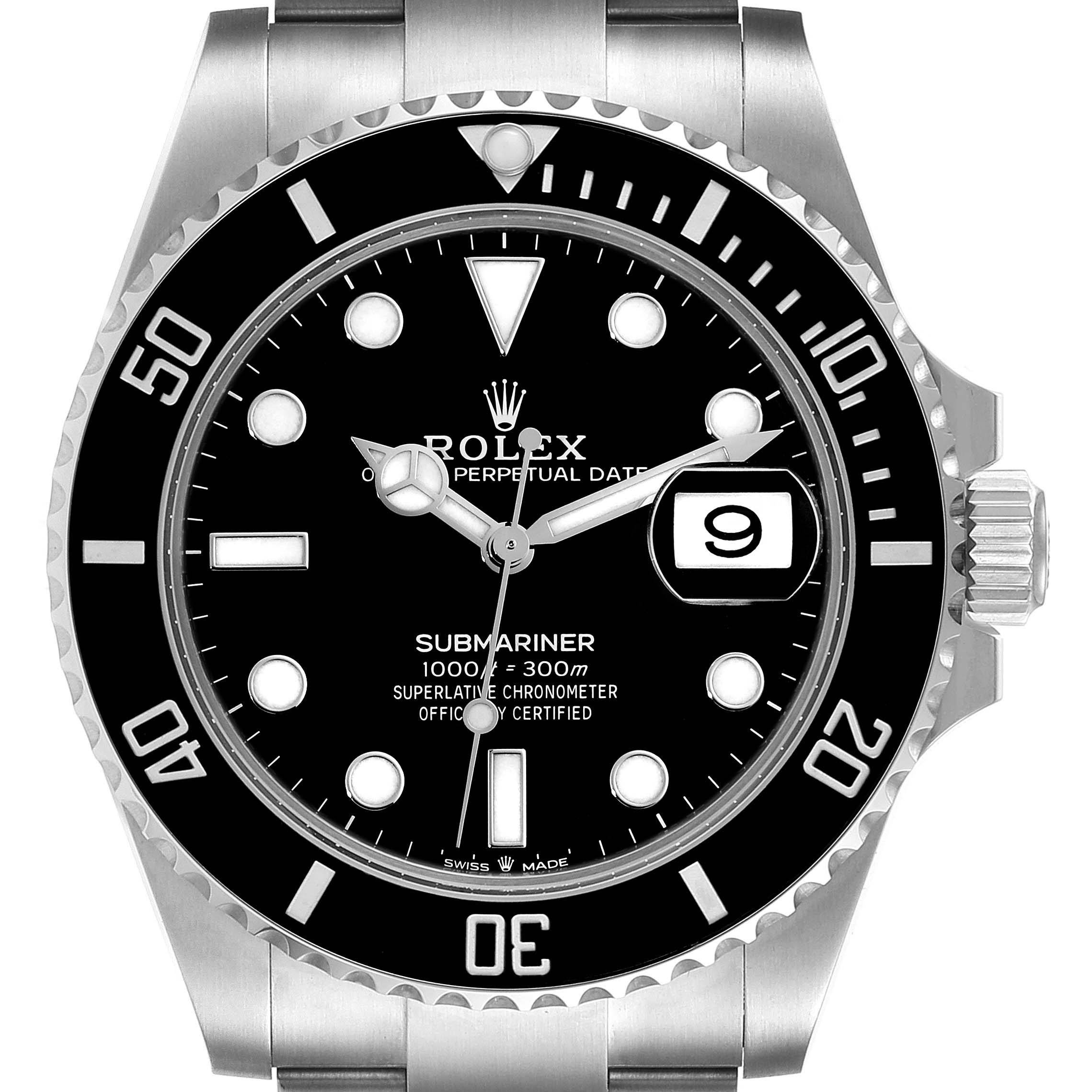 This image shows a front view of the Rolex Submariner 126610 Men
s Stainless Steel Black Dial 126610 Men
s Stainless Steel Black Dial, highlighting the dial, bezel, hands, and date window.