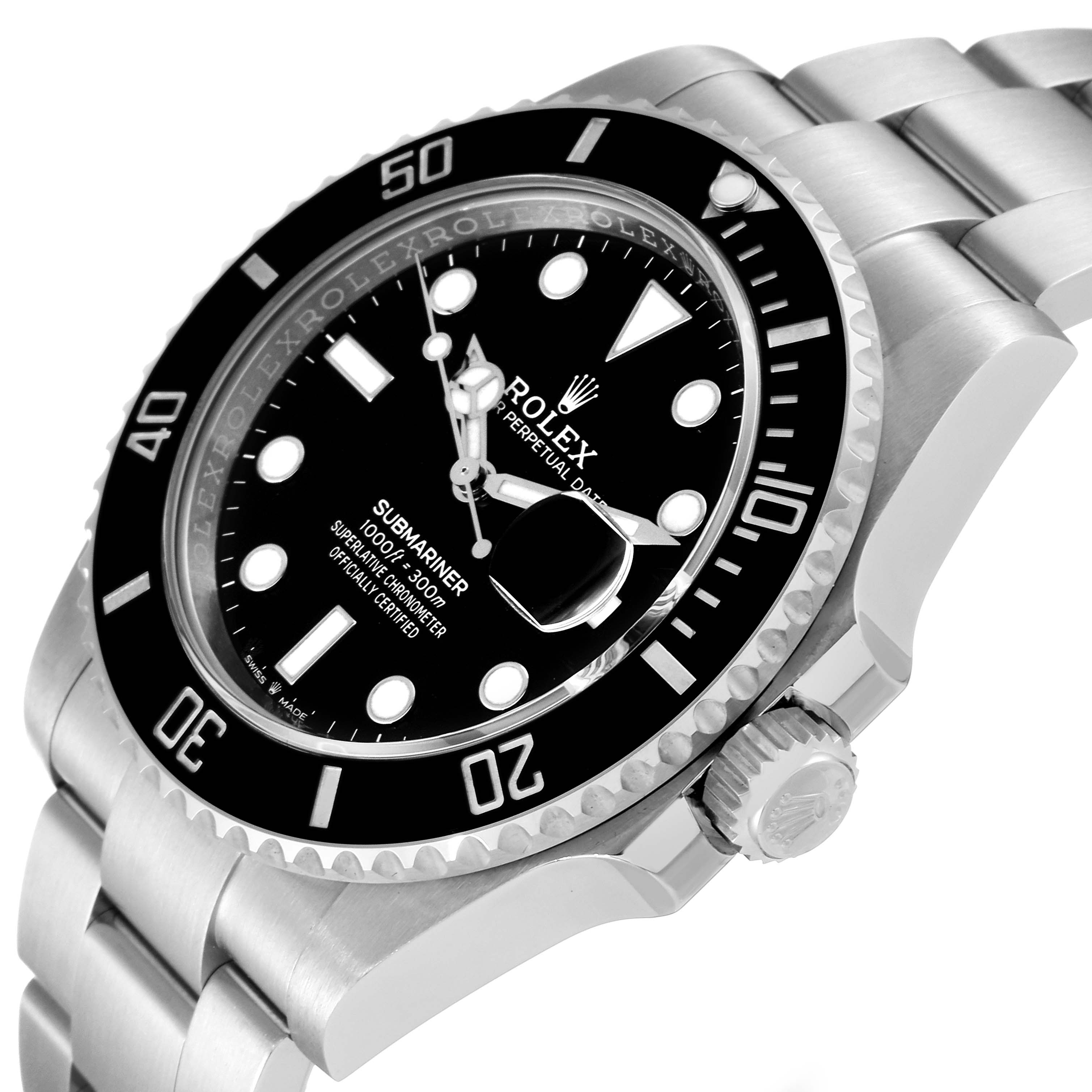 This image shows a close-up angled view of the Rolex Submariner 126610 Men
s Stainless Steel Black Dial 126610 Men
s Stainless Steel Black Dial watch, highlighting the dial, bezel, crown, and part of the bracelet.