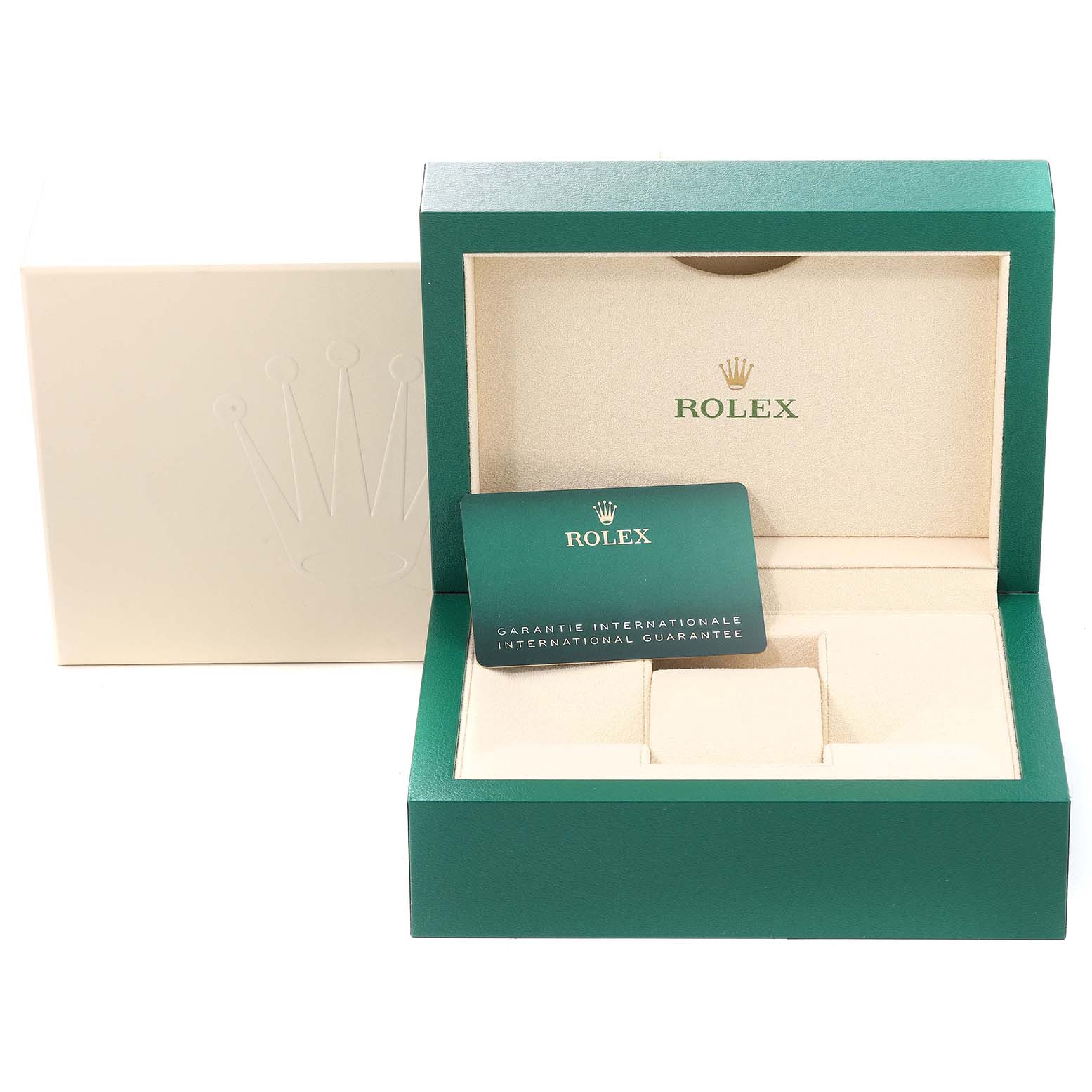 The image shows the packaging box, warranty card, and interior compartments of a Rolex Submariner 126610 Men
s Stainless Steel Black Dial 126610 Men
s Stainless Steel Black Dial watch, viewed from the front.