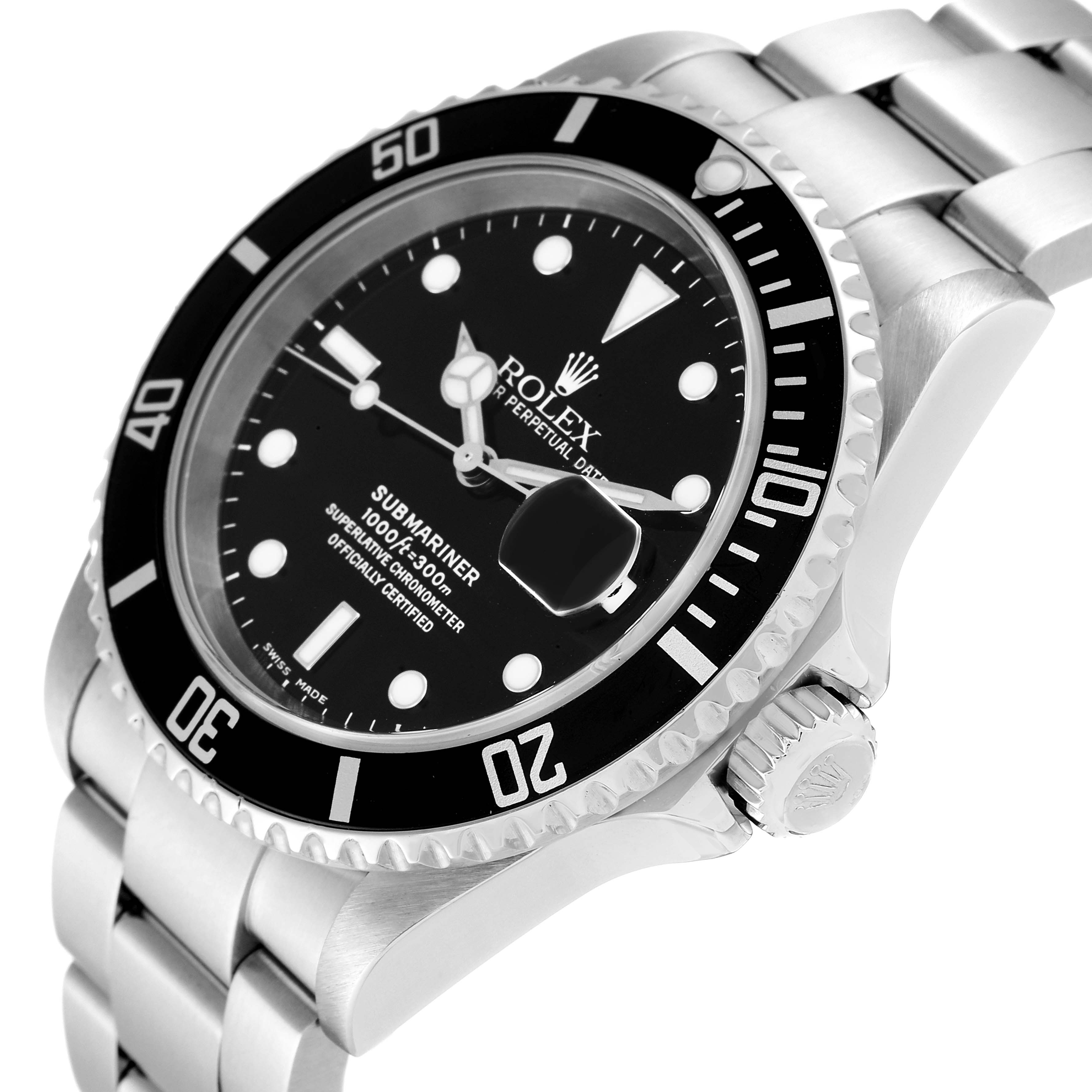 The image shows a close-up, angled view of the Rolex Submariner 16610 Men
s Stainless Steel Black Dial 16610 Men
s Stainless Steel Black Dial watch, highlighting the dial, bezel, and part of the bracelet.