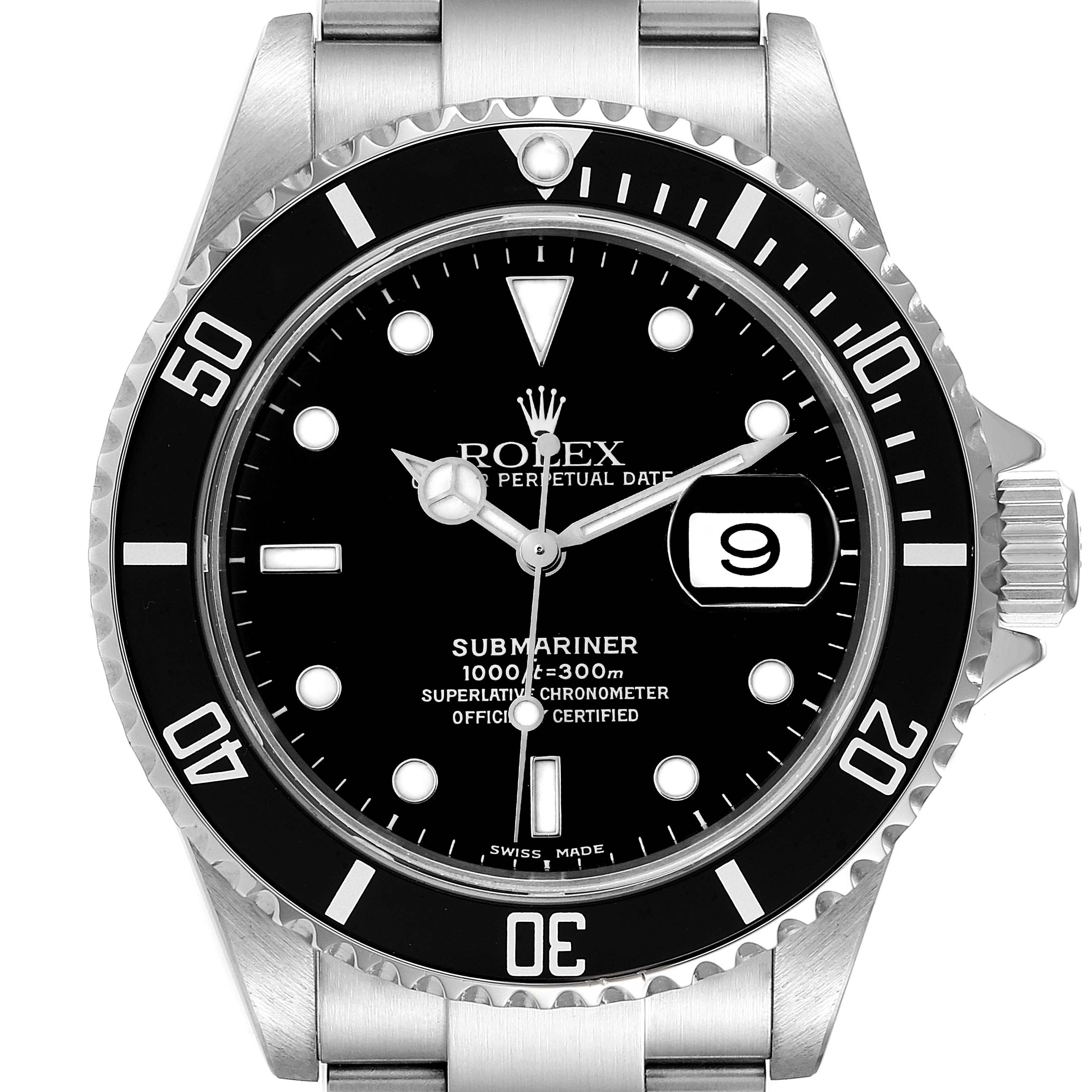 The image shows a front view of a Rolex Submariner 16610 Men
s Stainless Steel Black Dial 16610 Men
s Stainless Steel Black Dial watch, highlighting the dial, bezel, crown, and part of the bracelet.