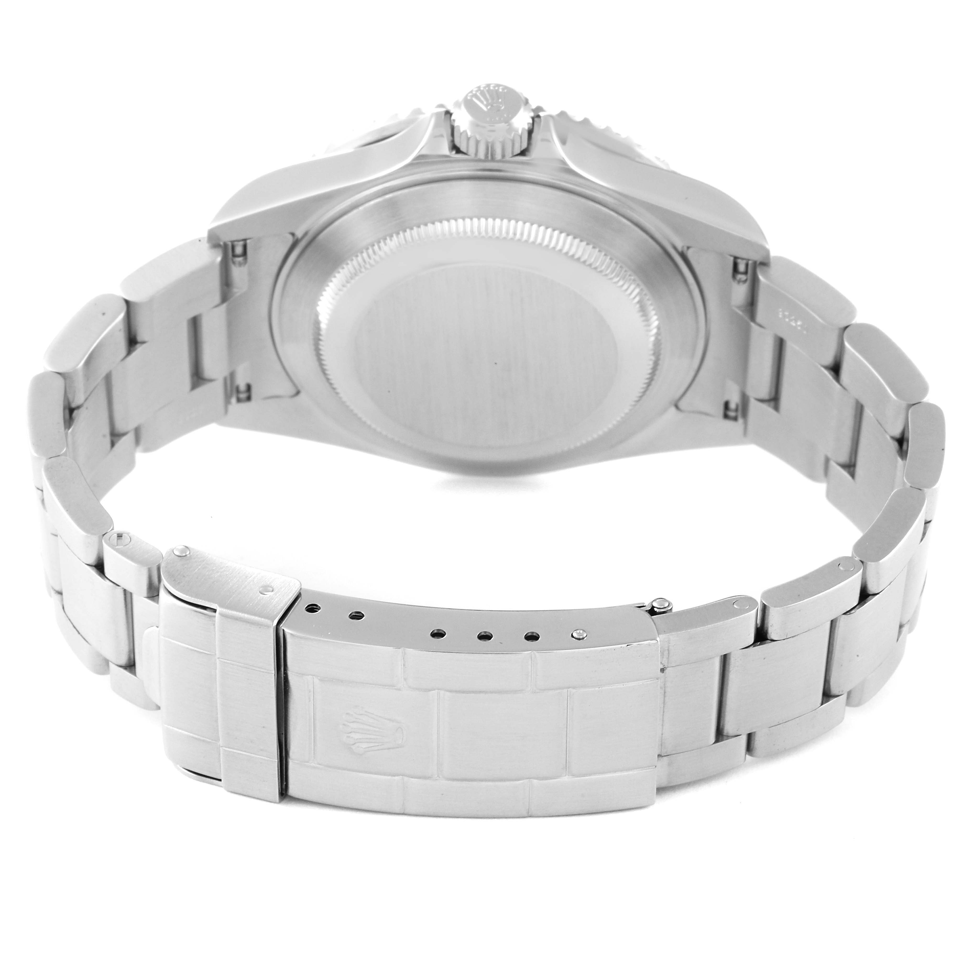 This image shows the backside and bracelet clasp of a Rolex Submariner 16610 Men
s Stainless Steel Black Dial 16610 Men
s Stainless Steel Black Dial watch from a rear angle.