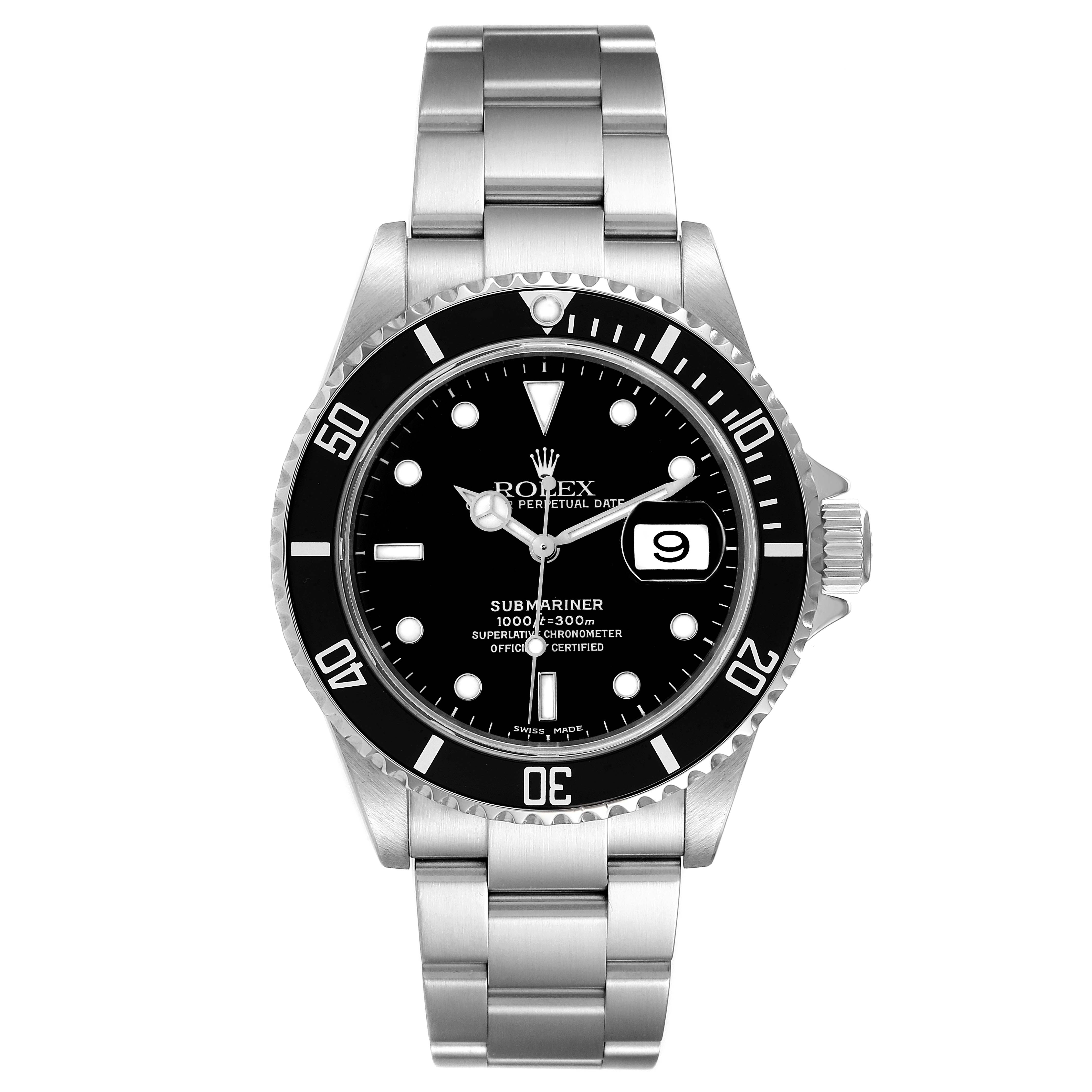 The image shows a front view of the Rolex Submariner 16610 Men
s Stainless Steel Black Dial 16610 Men
s Stainless Steel Black Dial watch, displaying its face, bezel, and bracelet.
