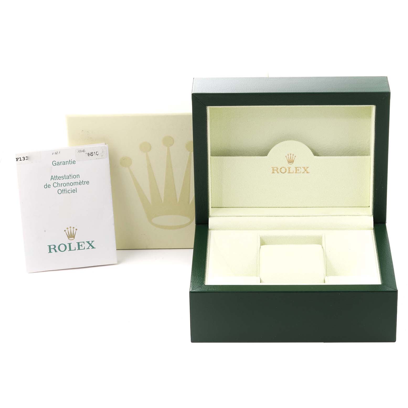 The image shows an open Rolex Submariner 16610 Men
s Stainless Steel Black Dial 16610 Men
s Stainless Steel Black Dial watch box, an outer box, and a warranty booklet.