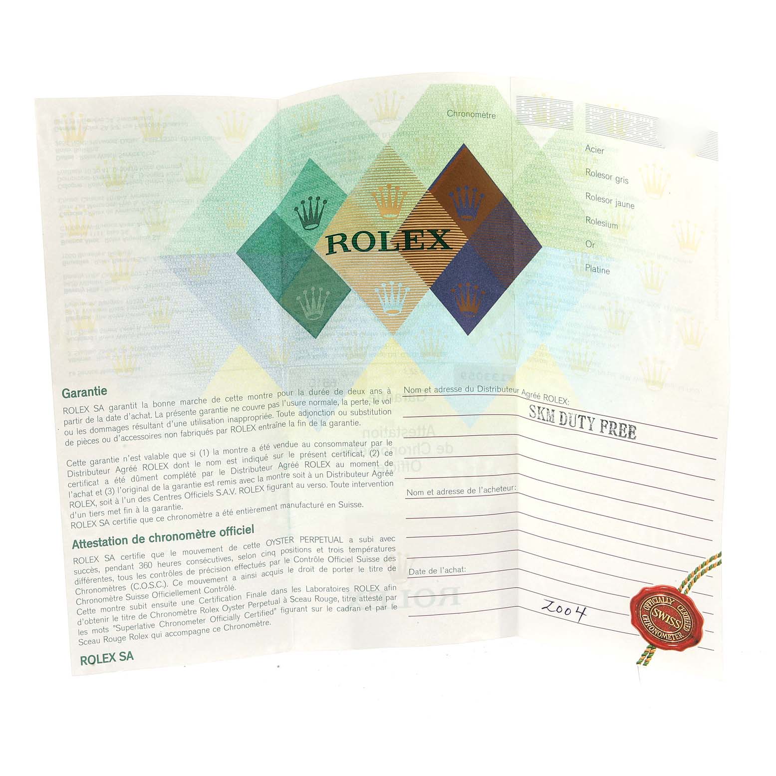 The image shows the warranty certificate and chronometer certification paper for a Rolex Submariner 16610 Men
s Stainless Steel Black Dial 16610 Men
s Stainless Steel Black Dial.