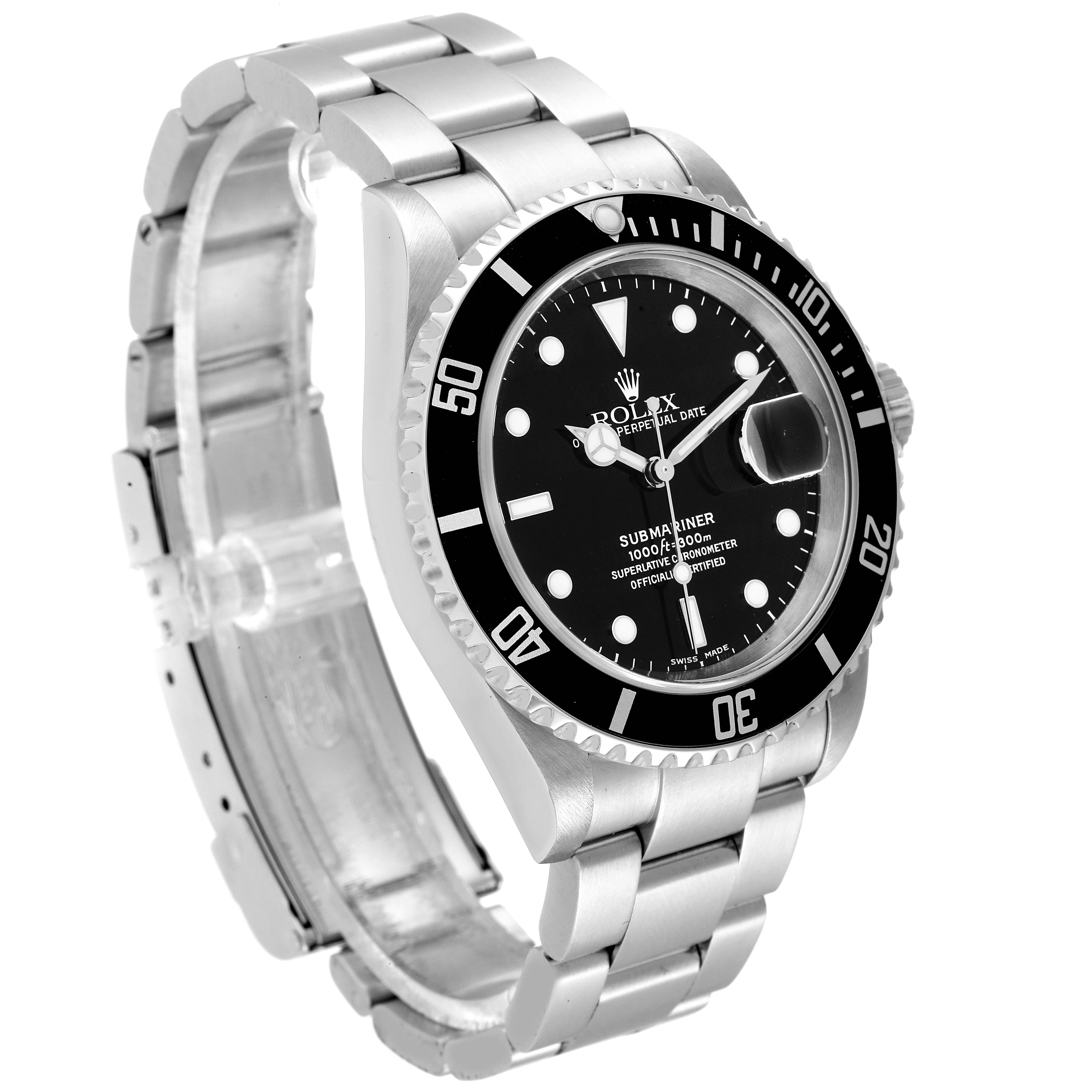 The image shows a Rolex Submariner 16610 Men
s Stainless Steel Black Dial 16610 Men
s Stainless Steel Black Dial watch at a three-quarter angle, highlighting the watch face, bezel, and bracelet.