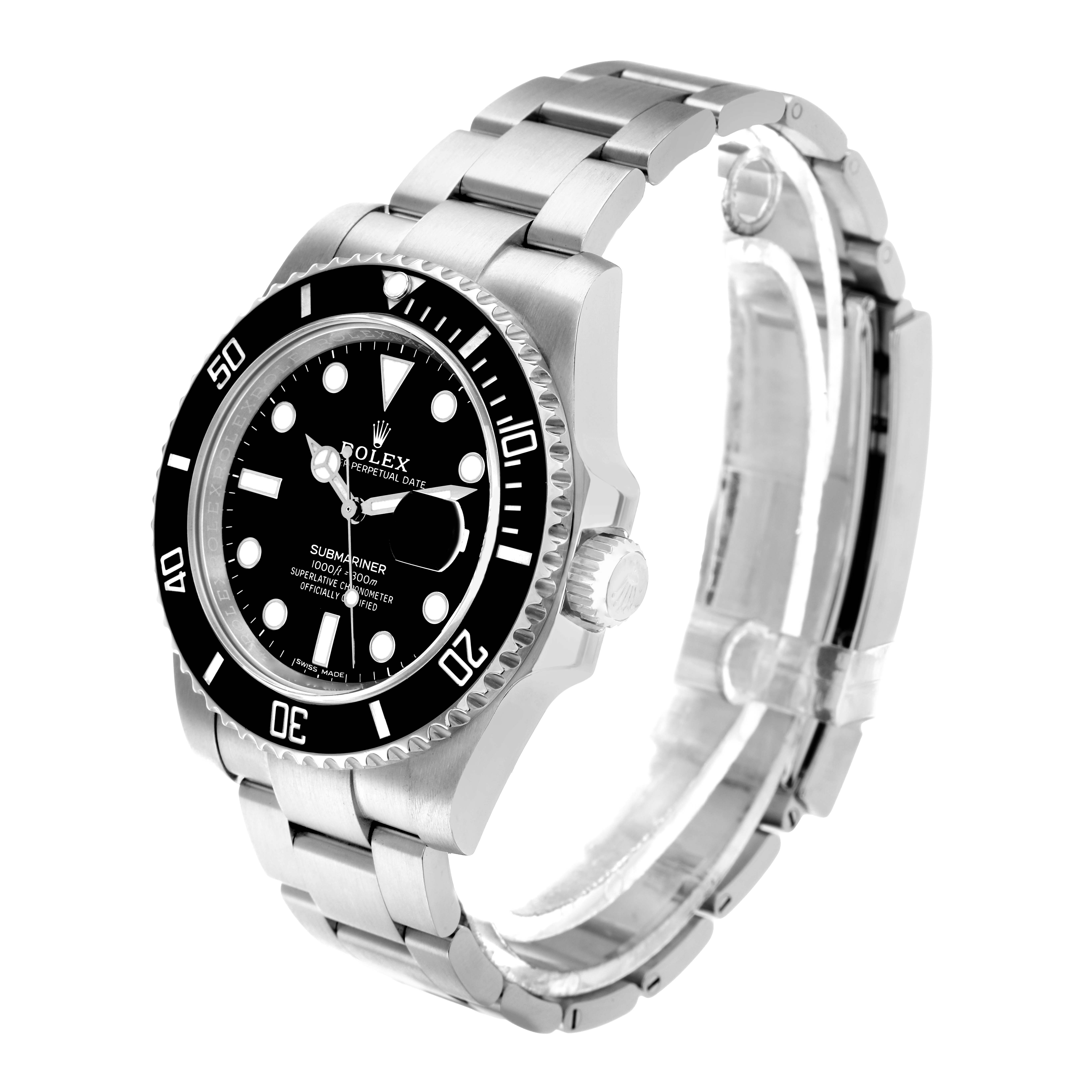 The Rolex Submariner 116610 Men
s Stainless Steel Black Dial watch is shown at a three-quarter angle, highlighting the face, bezel, crown, and metal bracelet.