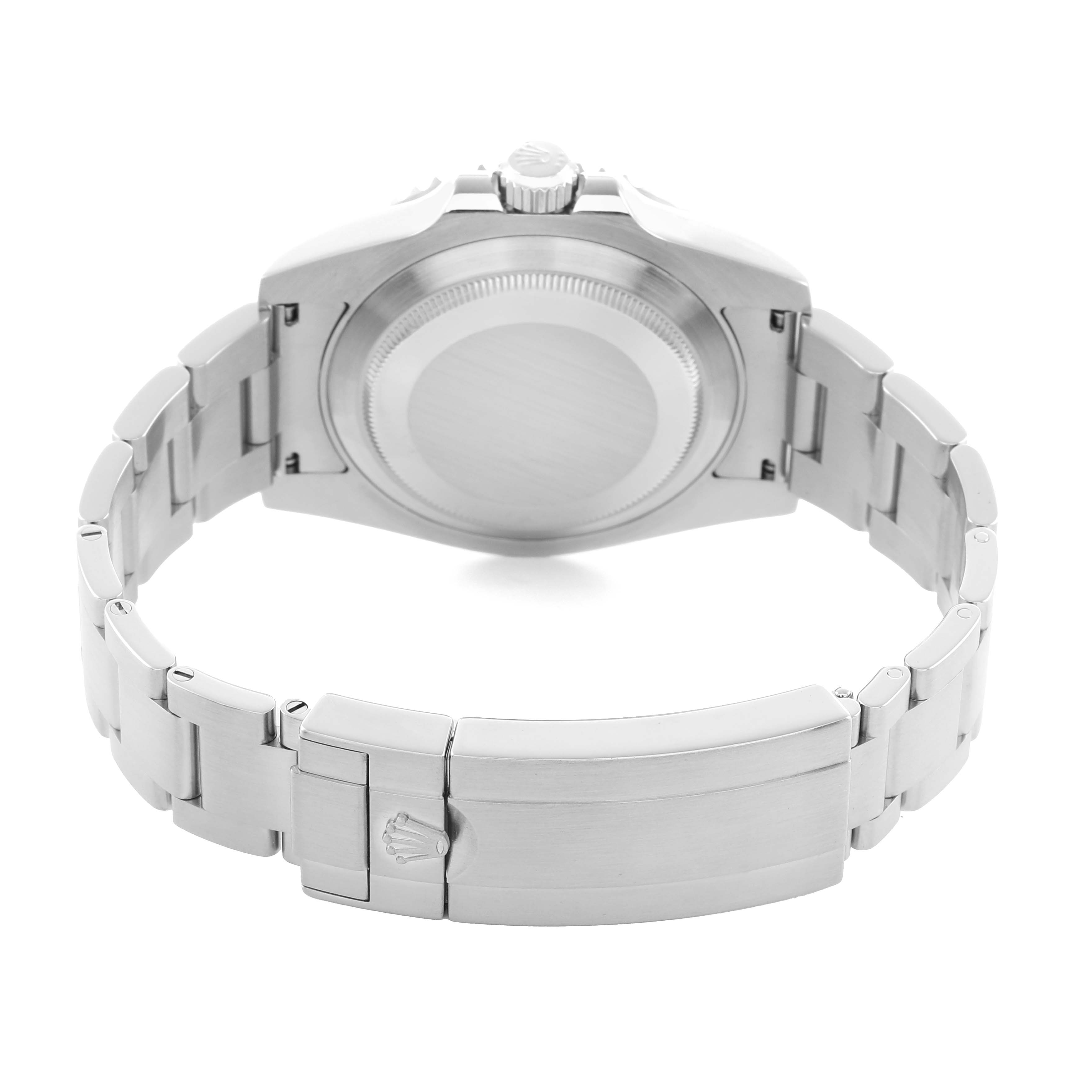 The image shows the back of a Rolex Submariner 116610 Men
s Stainless Steel Black Dial, highlighting the case, bracelet, and clasp from a rear angle.