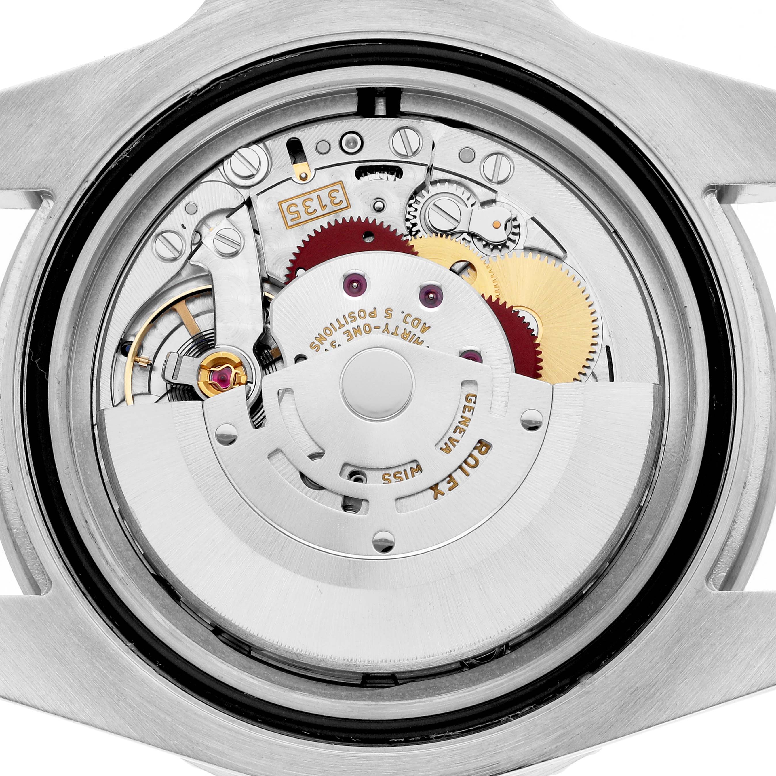 The image shows the movement of a Rolex Submariner 116610 Men
s Stainless Steel Black Dial watch from a rear angle, highlighting its intricate internal mechanisms.