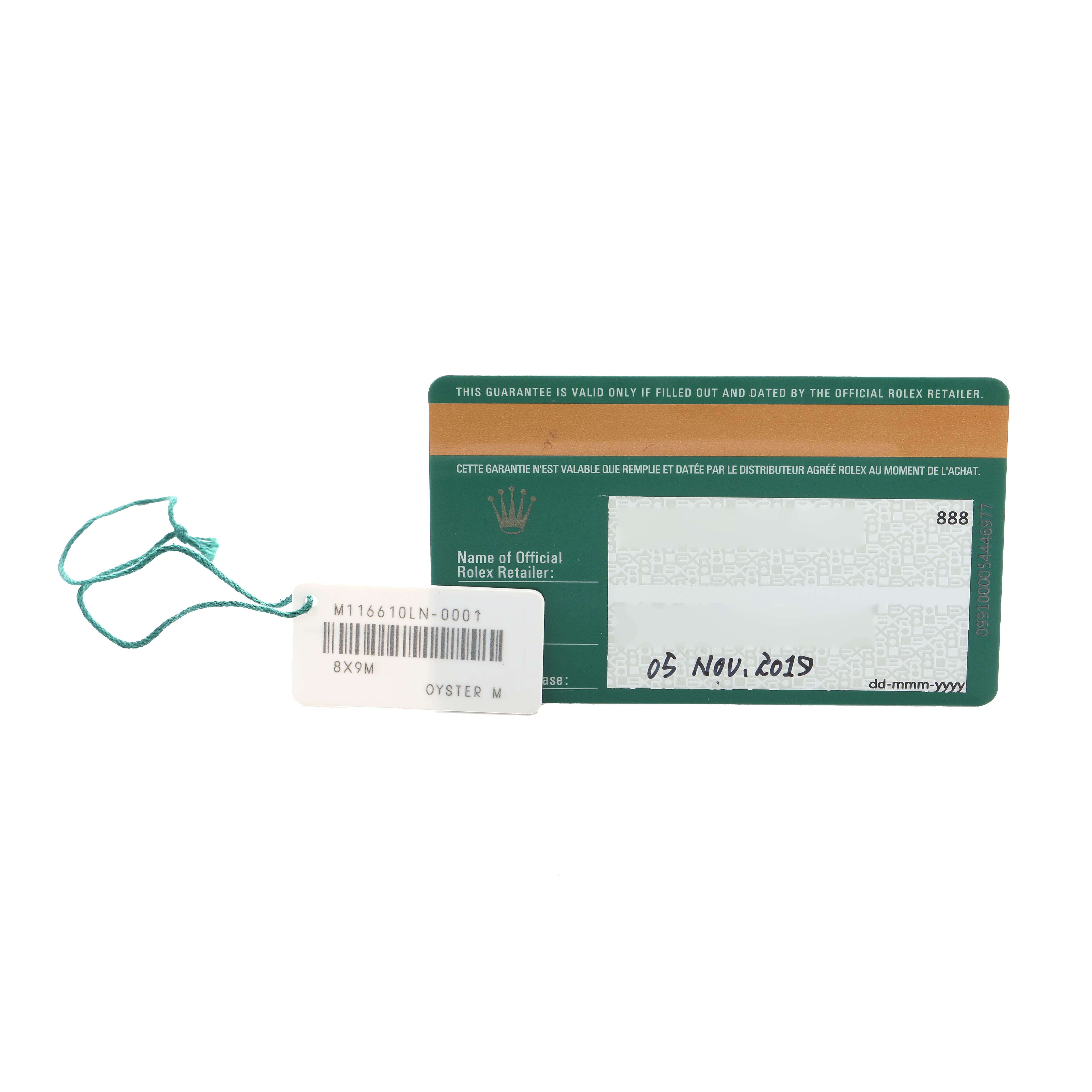 The image shows a Rolex Submariner 116610 Men
s Stainless Steel Black Dial
s warranty card and tag.