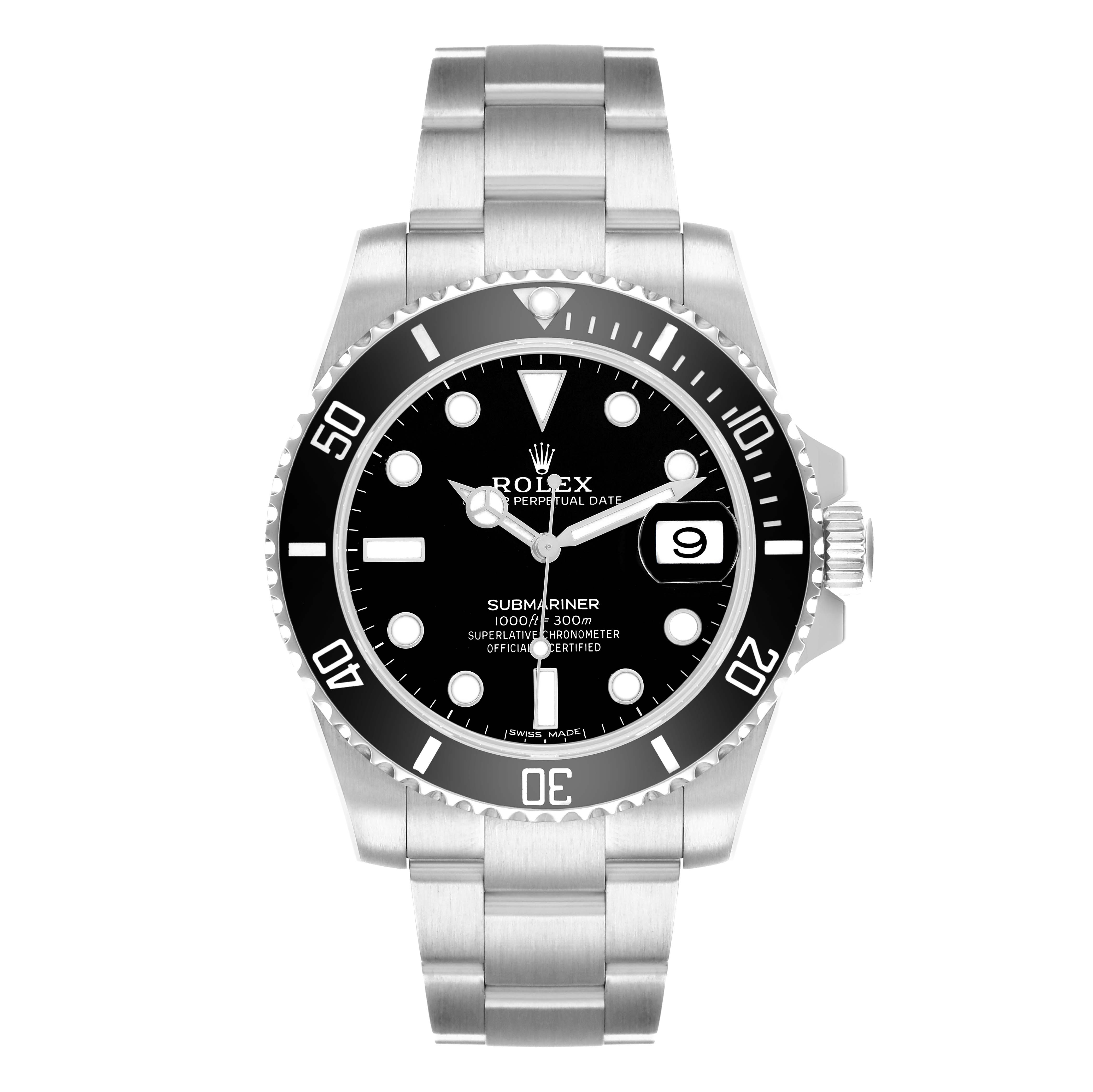 The Rolex Submariner 116610 Men
s Stainless Steel Black Dial watch is shown from a top-down angle, displaying the dial, bezel, bracelet, and crown.