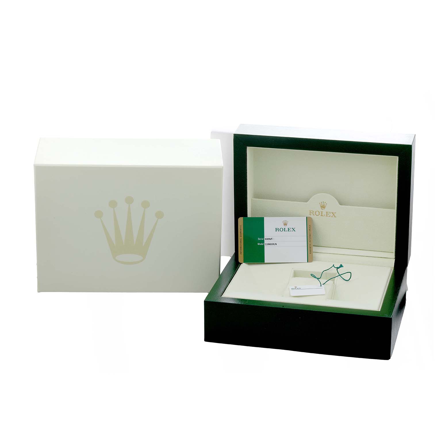 The image shows a Rolex Submariner 116610 Men
s Stainless Steel Black Dial watch box, warranty card, and accessories at a front angle.