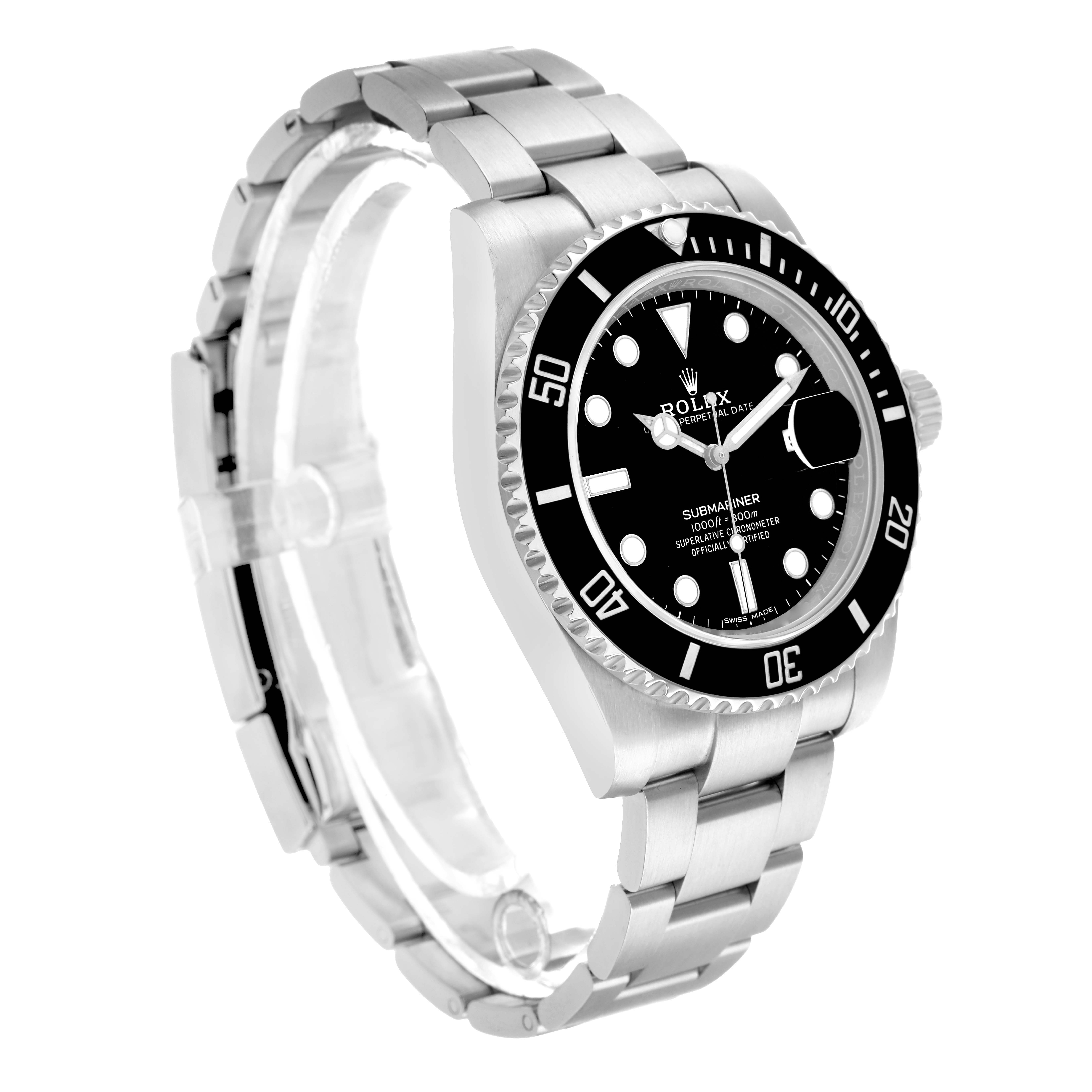 The Rolex Submariner 116610 Men
s Stainless Steel Black Dial watch is shown at a three-quarter angle highlighting the face, bezel, and bracelet.