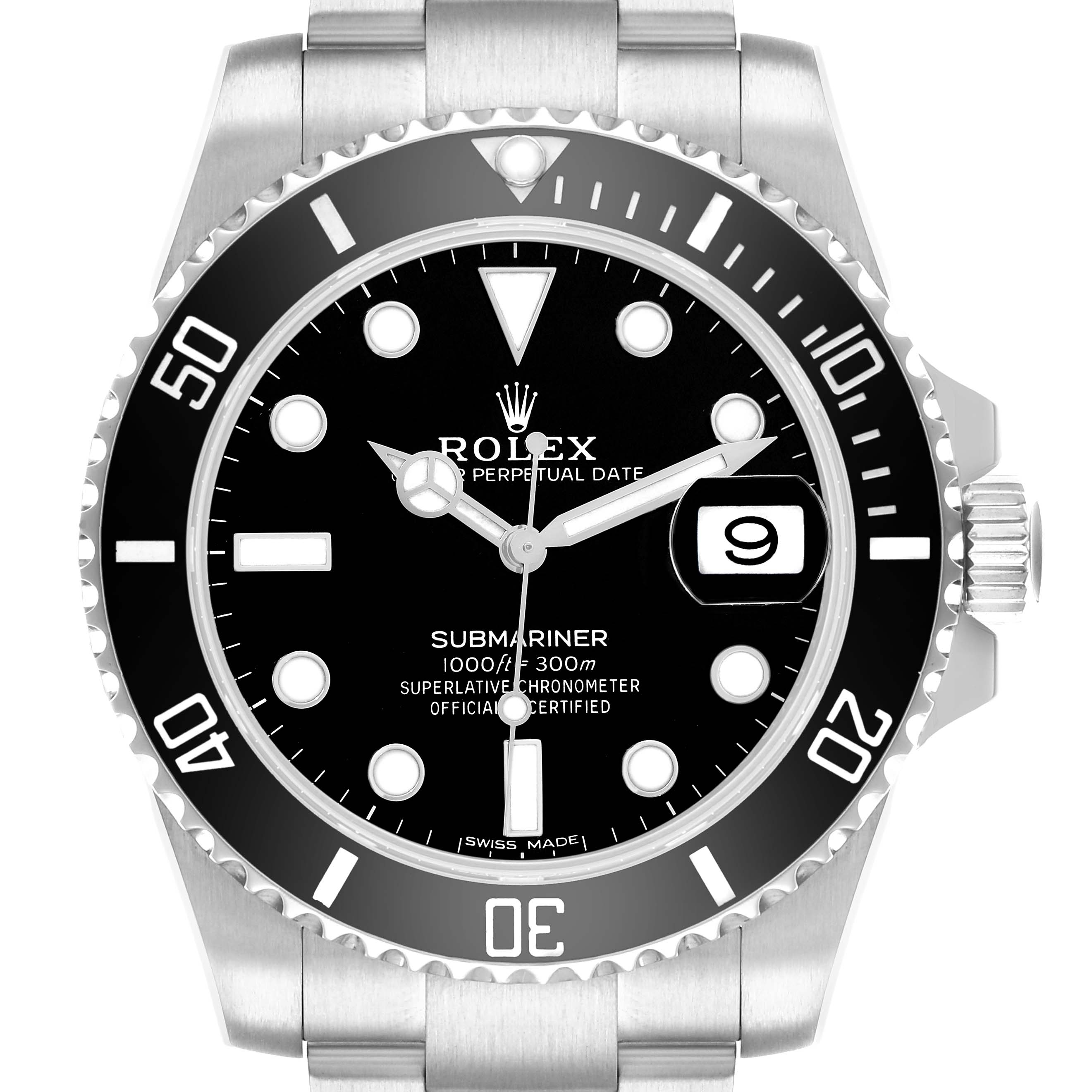 The Rolex Submariner 116610 Men
s Stainless Steel Black Dial watch is shown from a front view, highlighting the dial, bezel, and part of the bracelet.