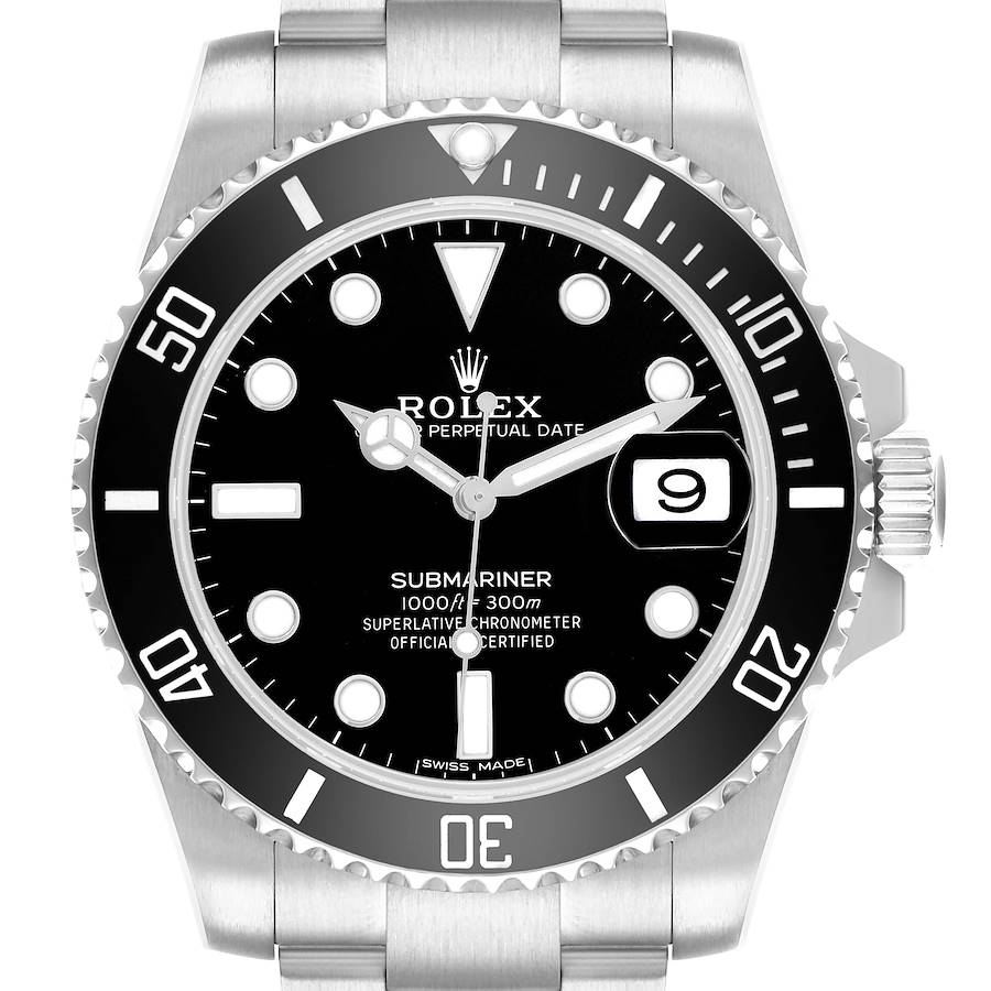 The Rolex Submariner 116610 Men's Stainless Steel Black Dial watch is shown from a front view, highlighting the dial, bezel, and part of the bracelet.