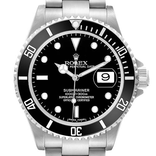 The Rolex Submariner 16610 Men's Stainless Steel Black Dial watch is shown from a front angle, displaying the entire dial, bezel, crown, and part of the bracelet.