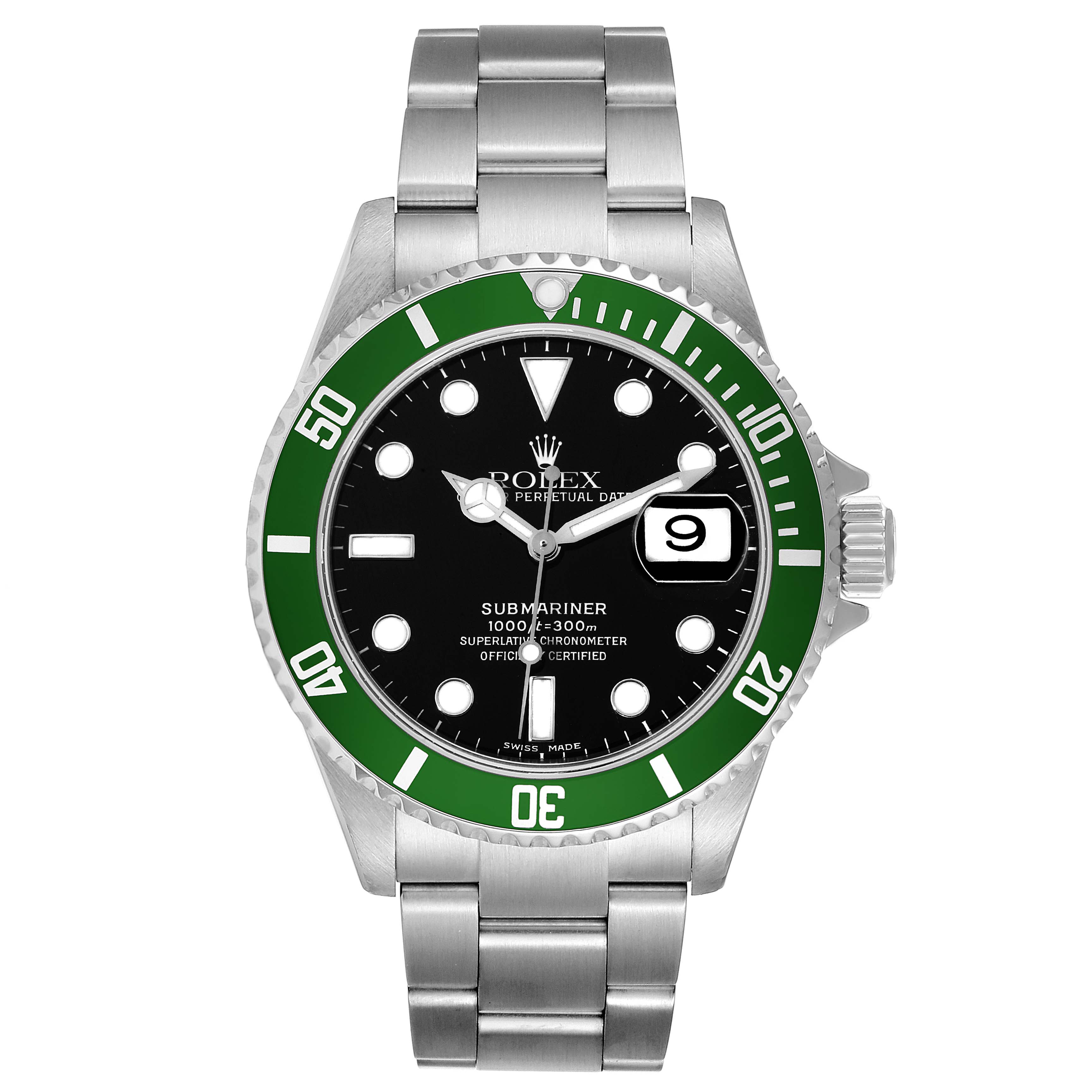 The image shows a Rolex Submariner 16610LV Men
s Stainless Steel Black Dial 16610LV Men
s Stainless Steel Black Dial watch from a straight-on angle, displaying its face, bezel, and bracelet.