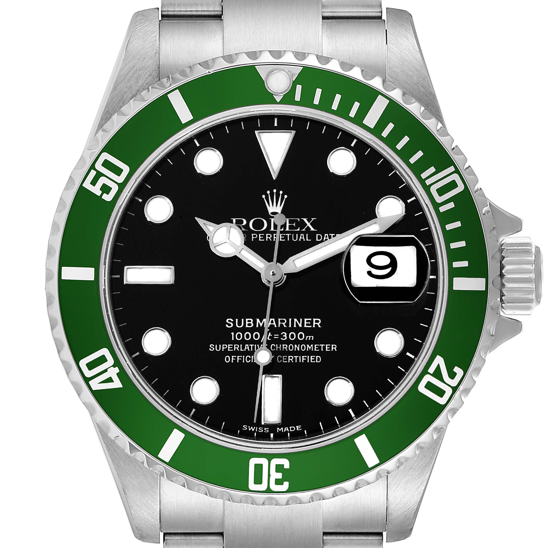This image shows a front view of a Rolex Submariner 16610LV Men
s Stainless Steel Black Dial 16610LV Men
s Stainless Steel Black Dial watch with a green bezel and black dial.