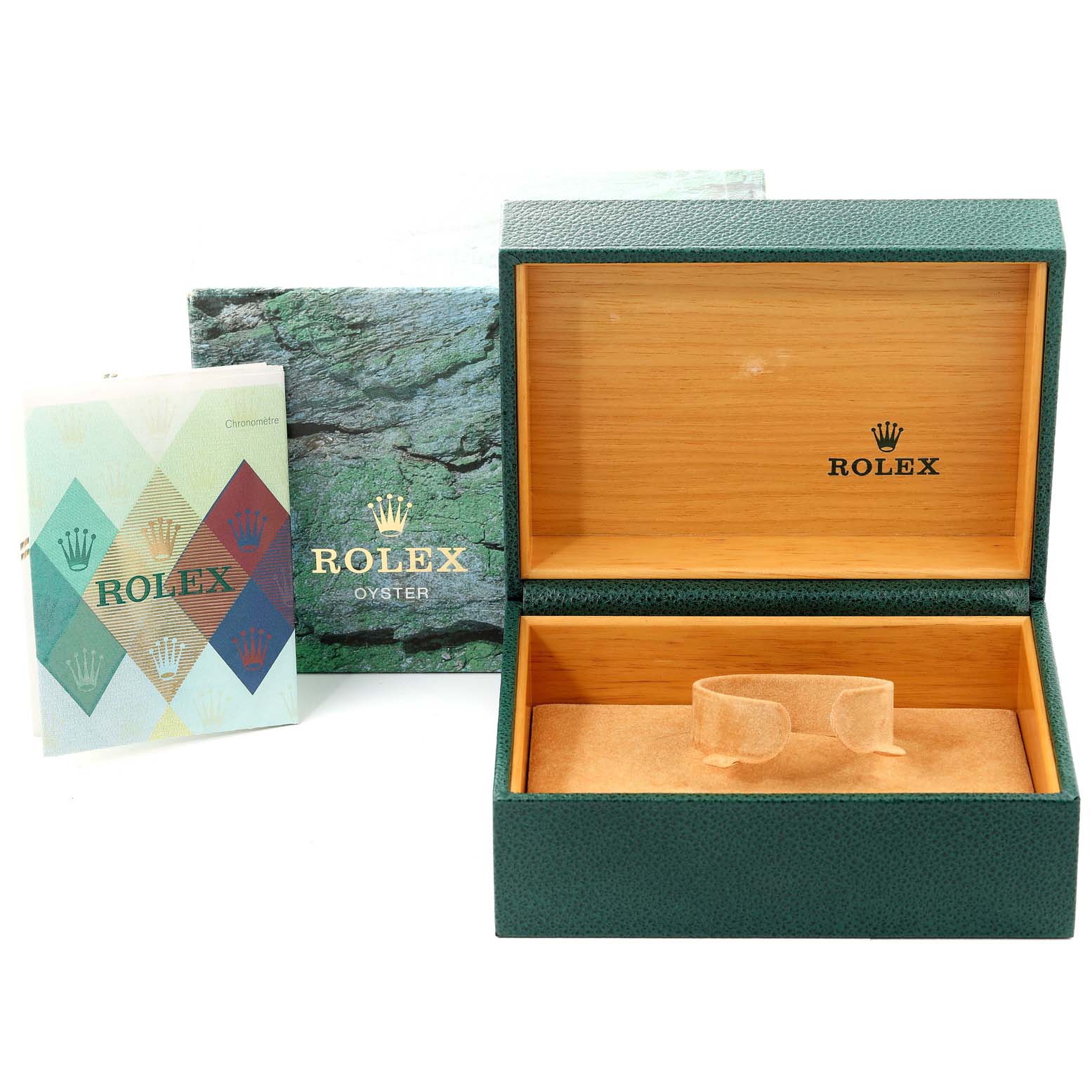 The image shows an open Rolex Submariner 16610LV Men
s Stainless Steel Black Dial 16610LV Men
s Stainless Steel Black Dial watch box with booklets next to it.