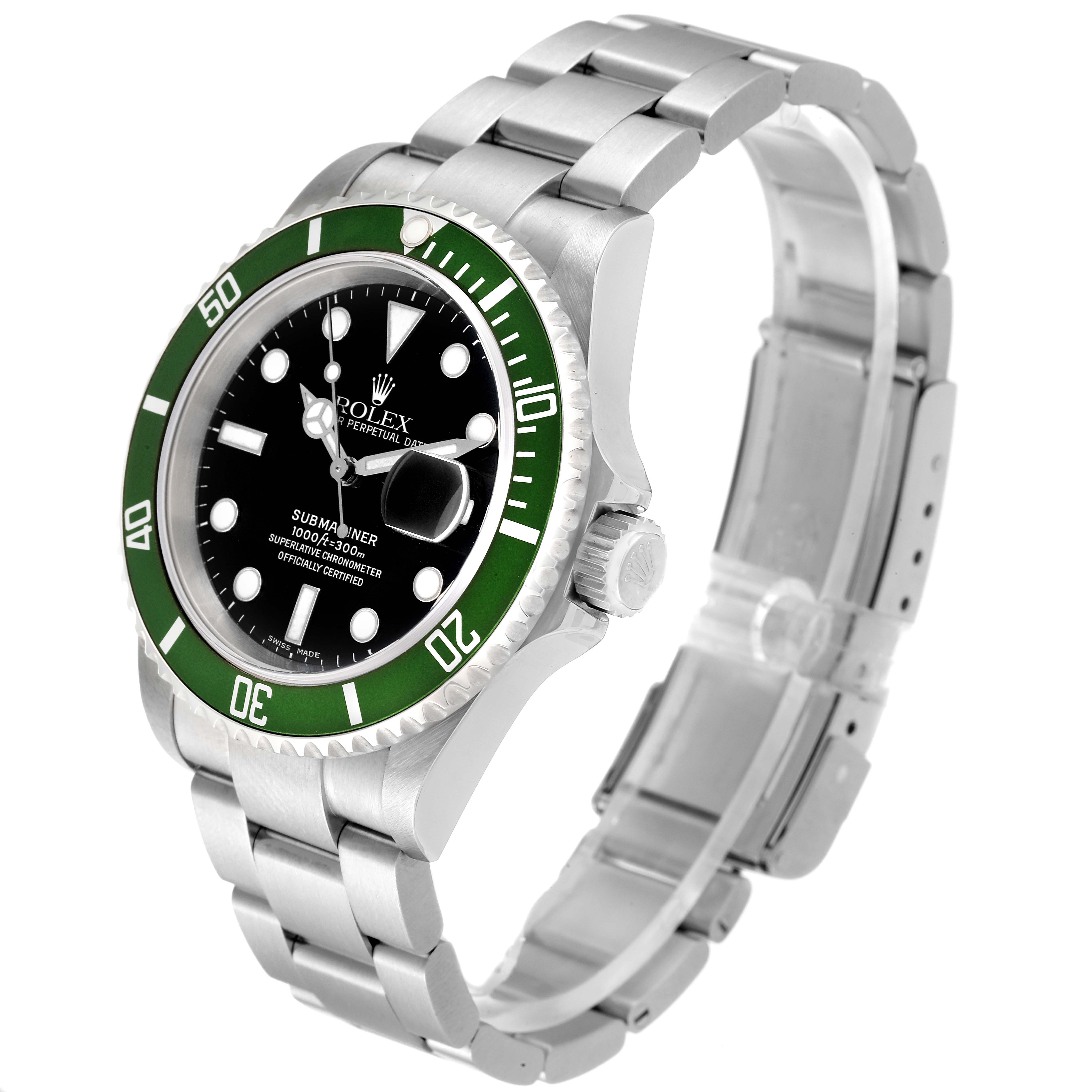 The Rolex Submariner 16610LV Men
s Stainless Steel Black Dial 16610LV Men
s Stainless Steel Black Dial watch is shown at a three-quarter angle, displaying its green bezel, black dial, and stainless steel bracelet.