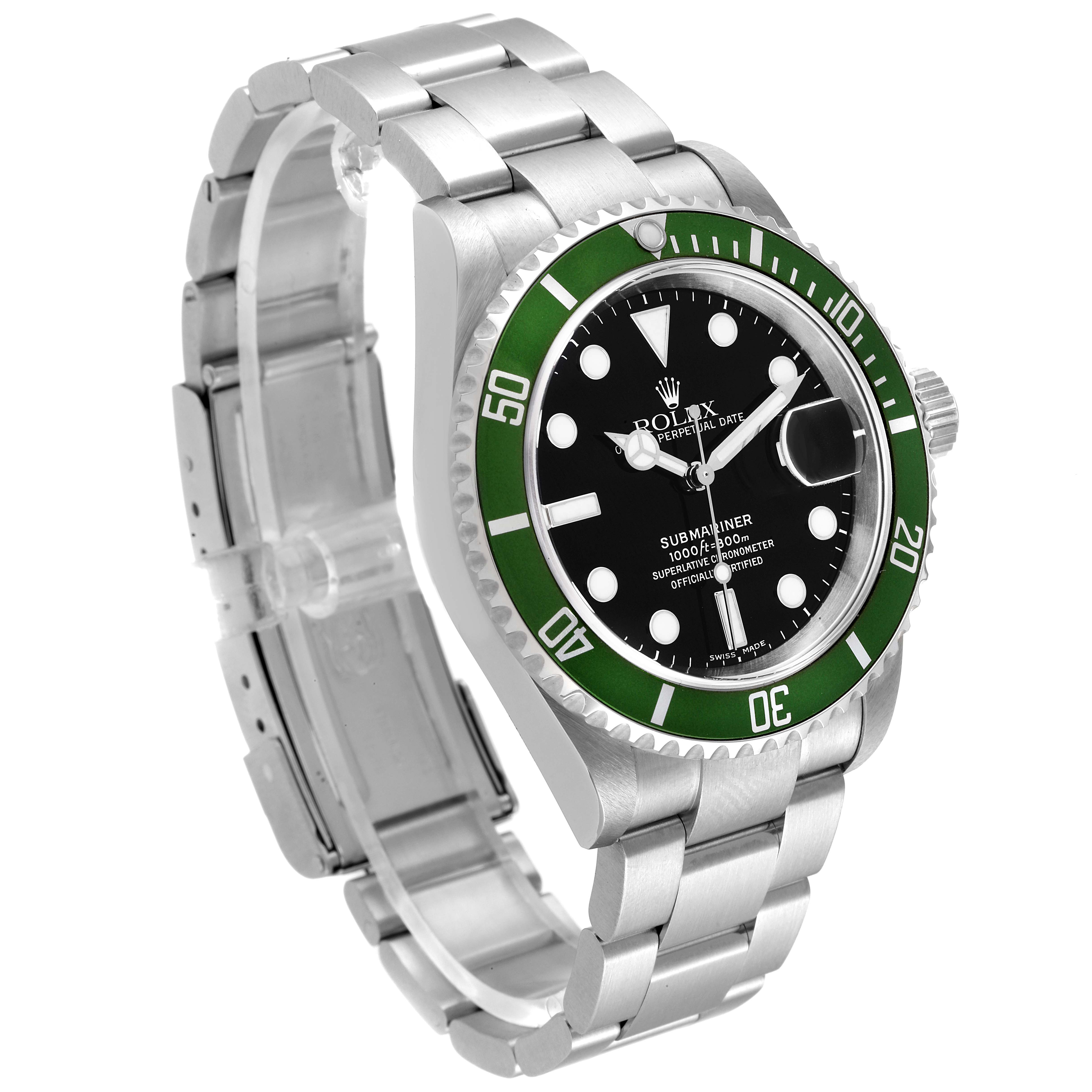 The image shows a side angle of a Rolex Submariner 16610LV Men
s Stainless Steel Black Dial 16610LV Men
s Stainless Steel Black Dial watch, highlighting its dial, bezel, and bracelet.