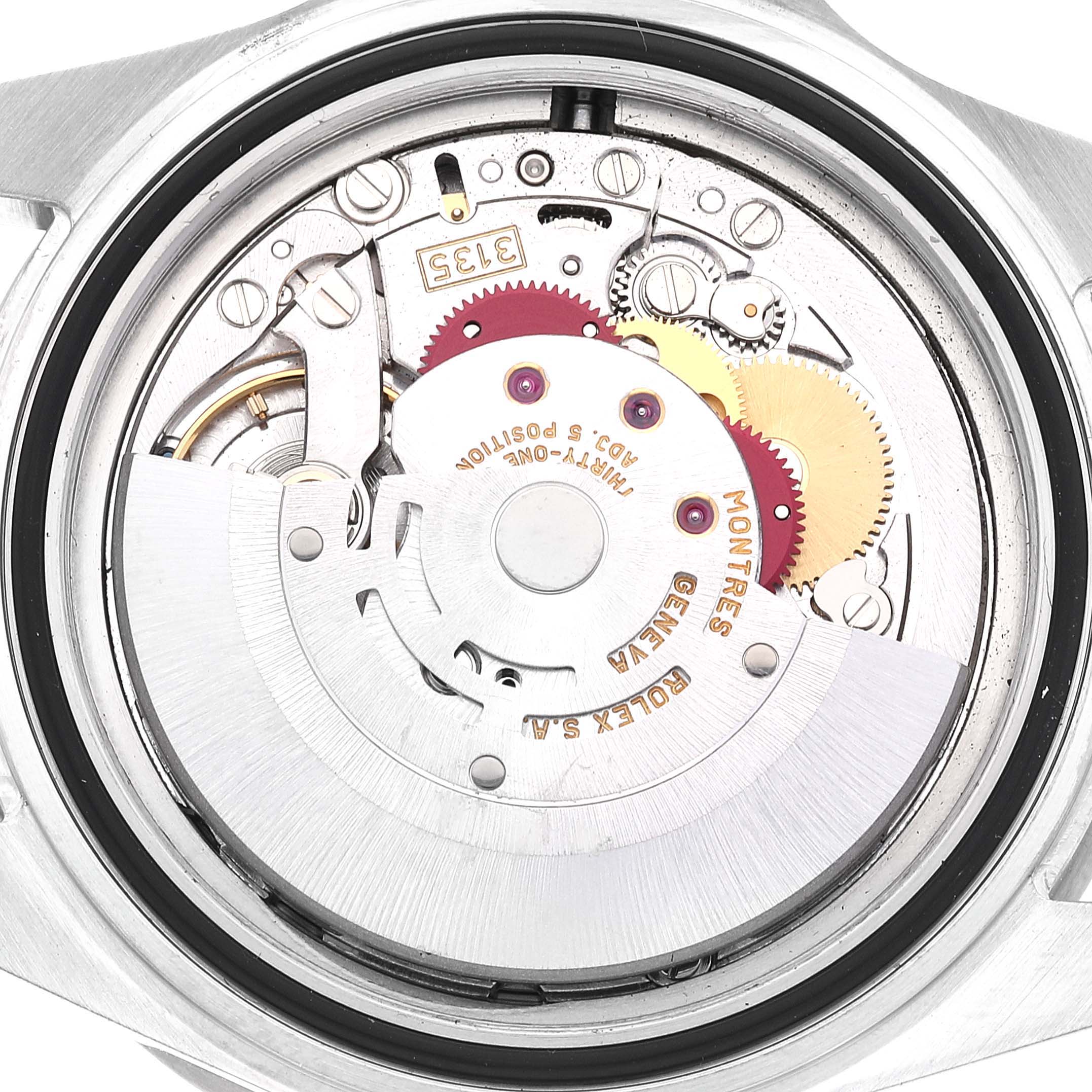 This is a close-up view showing the internal movement mechanism of a Rolex Submariner 16610LV Men
s Stainless Steel Black Dial 16610LV Men
s Stainless Steel Black Dial watch.