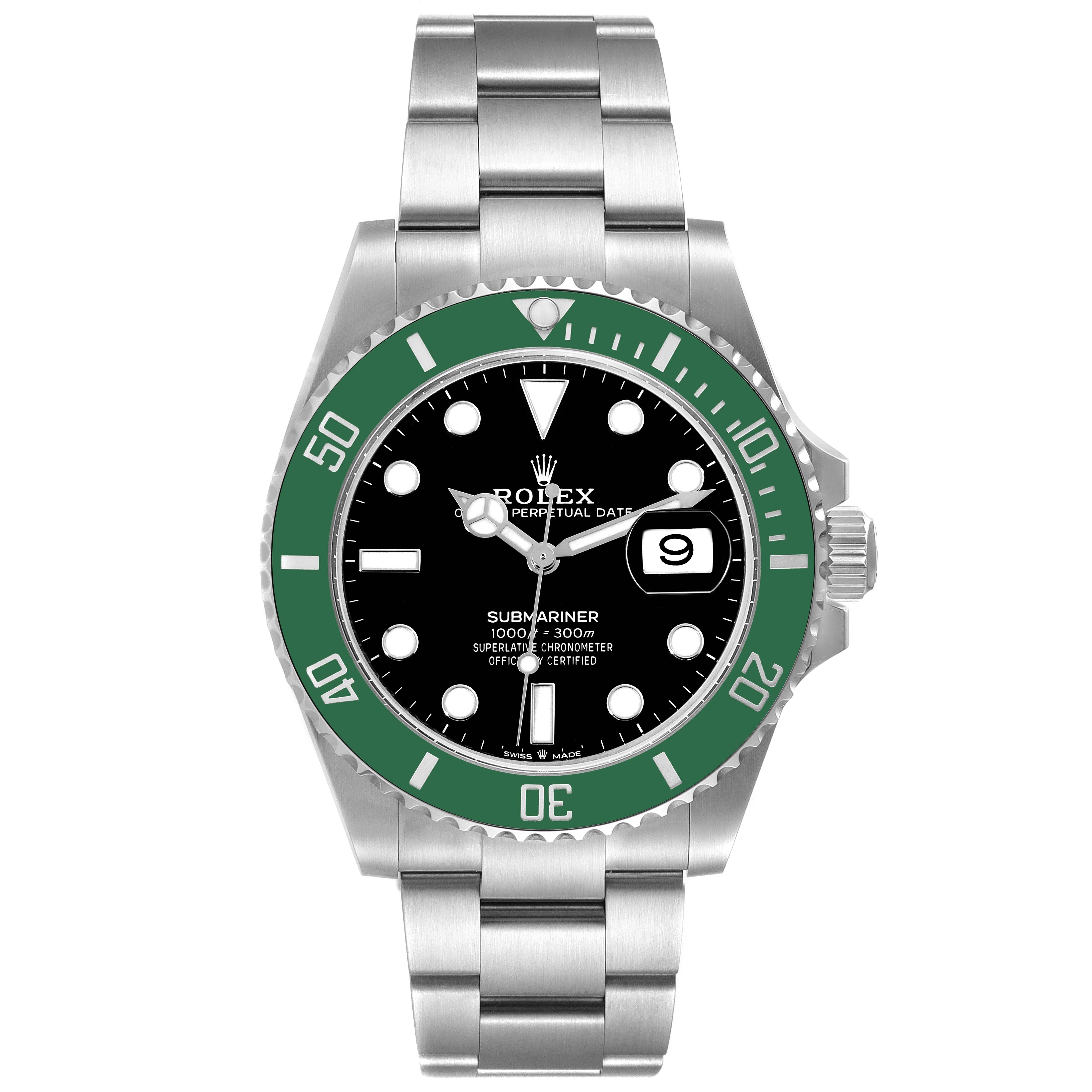 The image displays a Rolex Submariner 126610LV Men
s Stainless Steel Black Dial 126610LV Men
s Stainless Steel Black Dial watch from a front angle, showing the dial, bezel, crown, and bracelet.