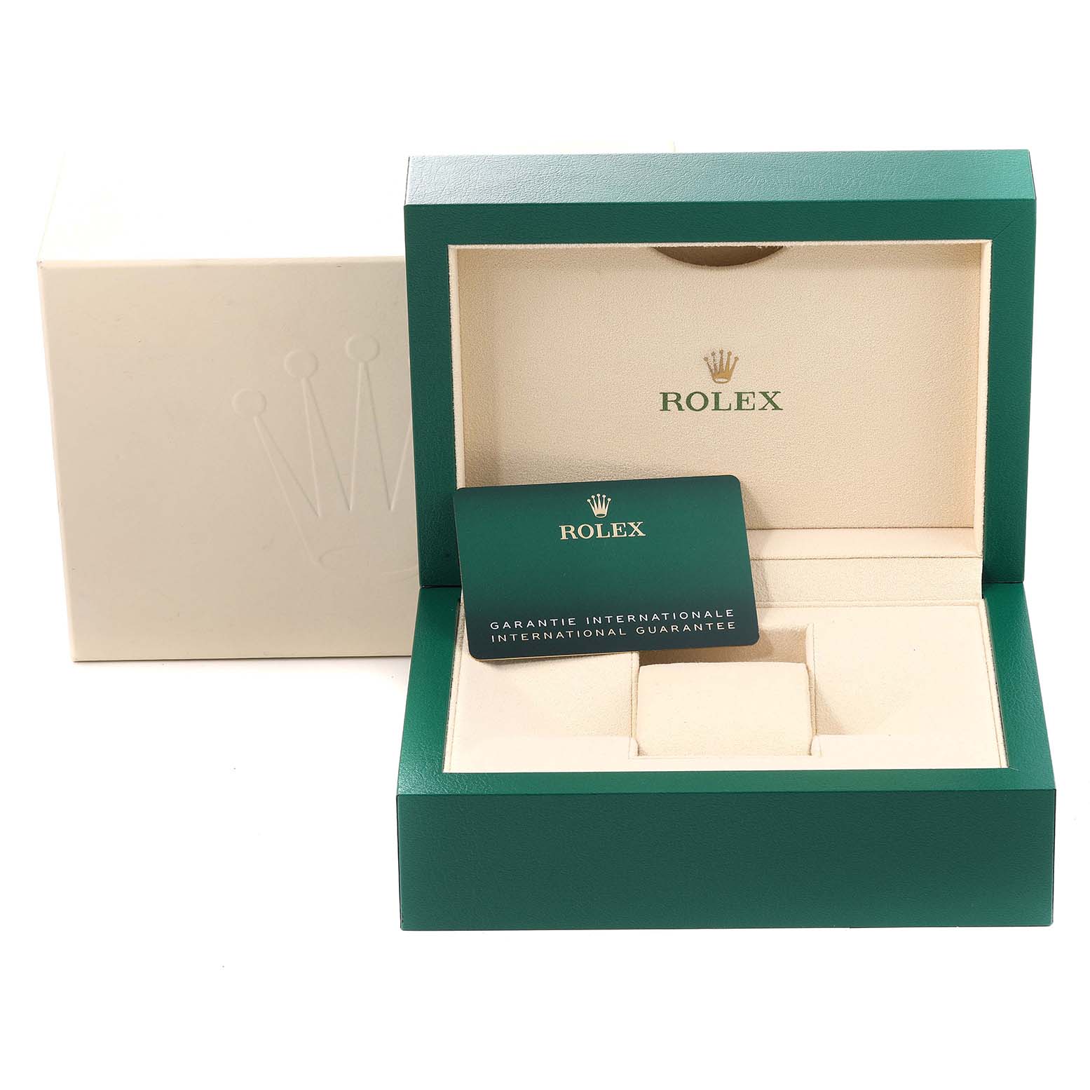 Shown is the Rolex Submariner 126610LV Men
s Stainless Steel Black Dial 126610LV Men
s Stainless Steel Black Dial watch box and guarantee card from an angled top-down view.
