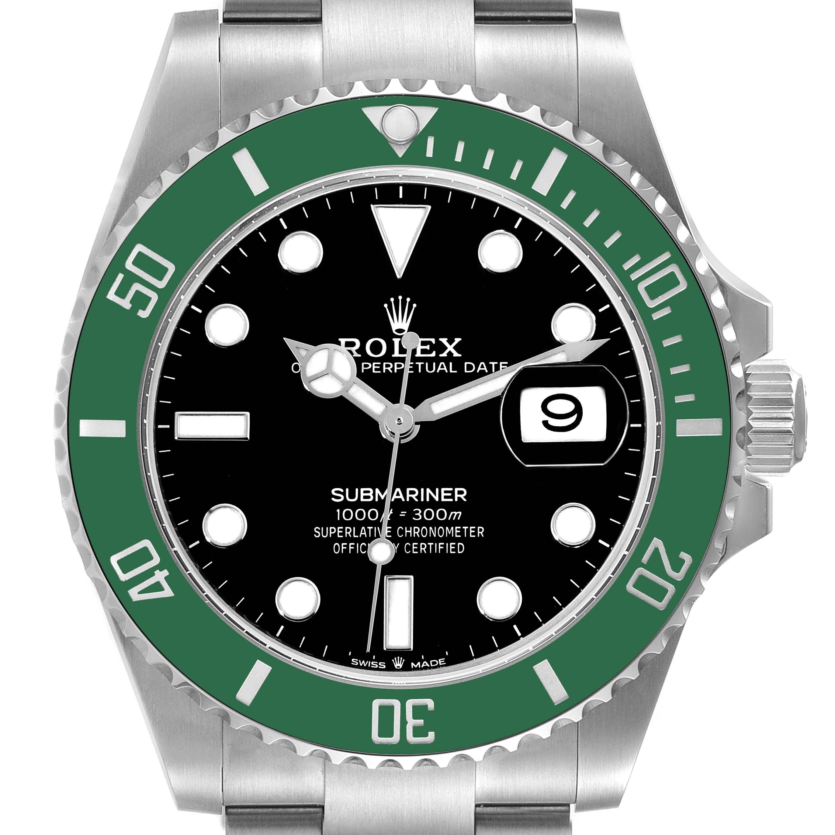 The image shows a close-up, front-facing view of the Rolex Submariner 126610LV Men
s Stainless Steel Black Dial 126610LV Men
s Stainless Steel Black Dial watch, highlighting its black dial, green bezel, and date window.