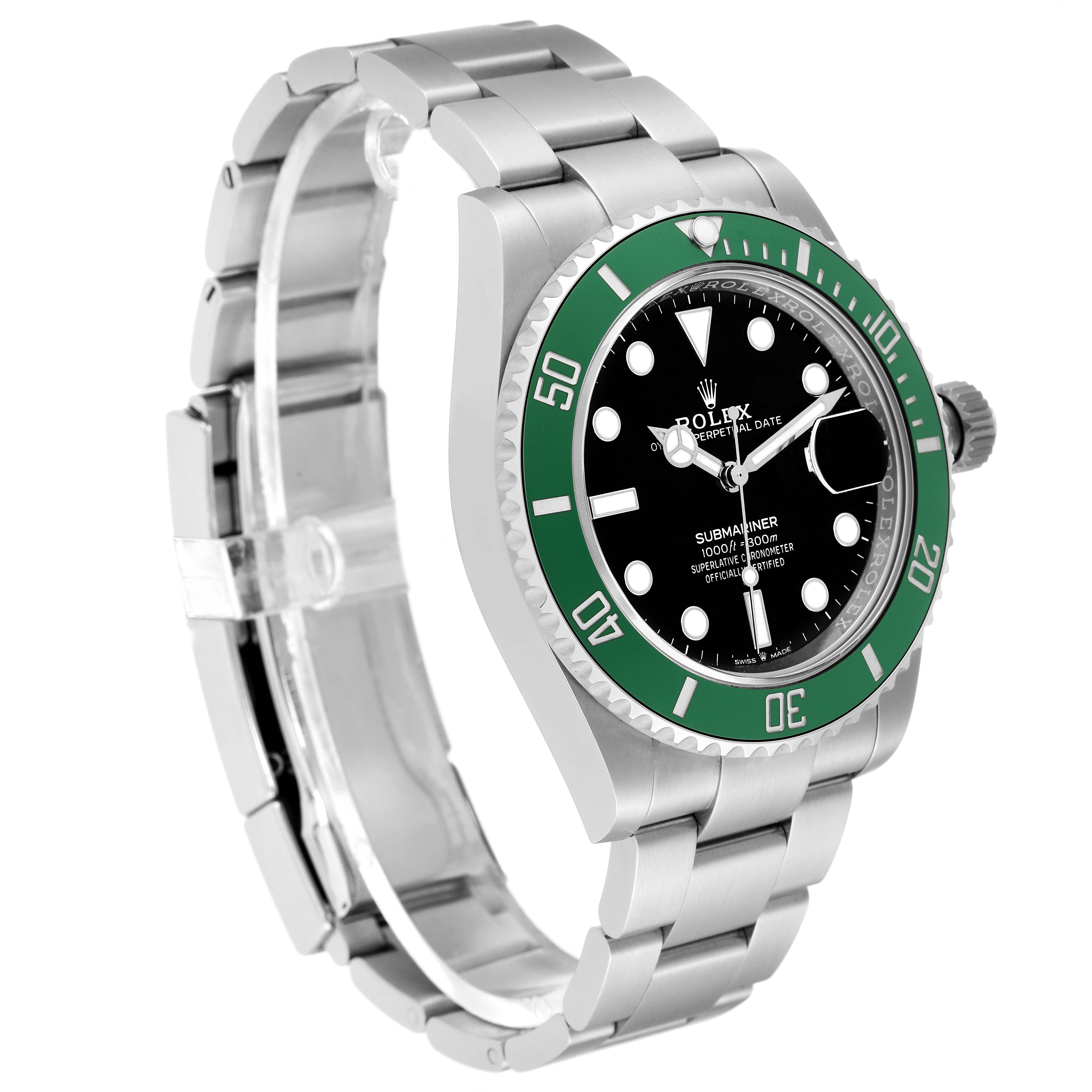 This image shows a Rolex Submariner 126610LV Men
s Stainless Steel Black Dial 126610LV Men
s Stainless Steel Black Dial watch at a slight angle, highlighting the green bezel, black dial, and stainless steel bracelet.
