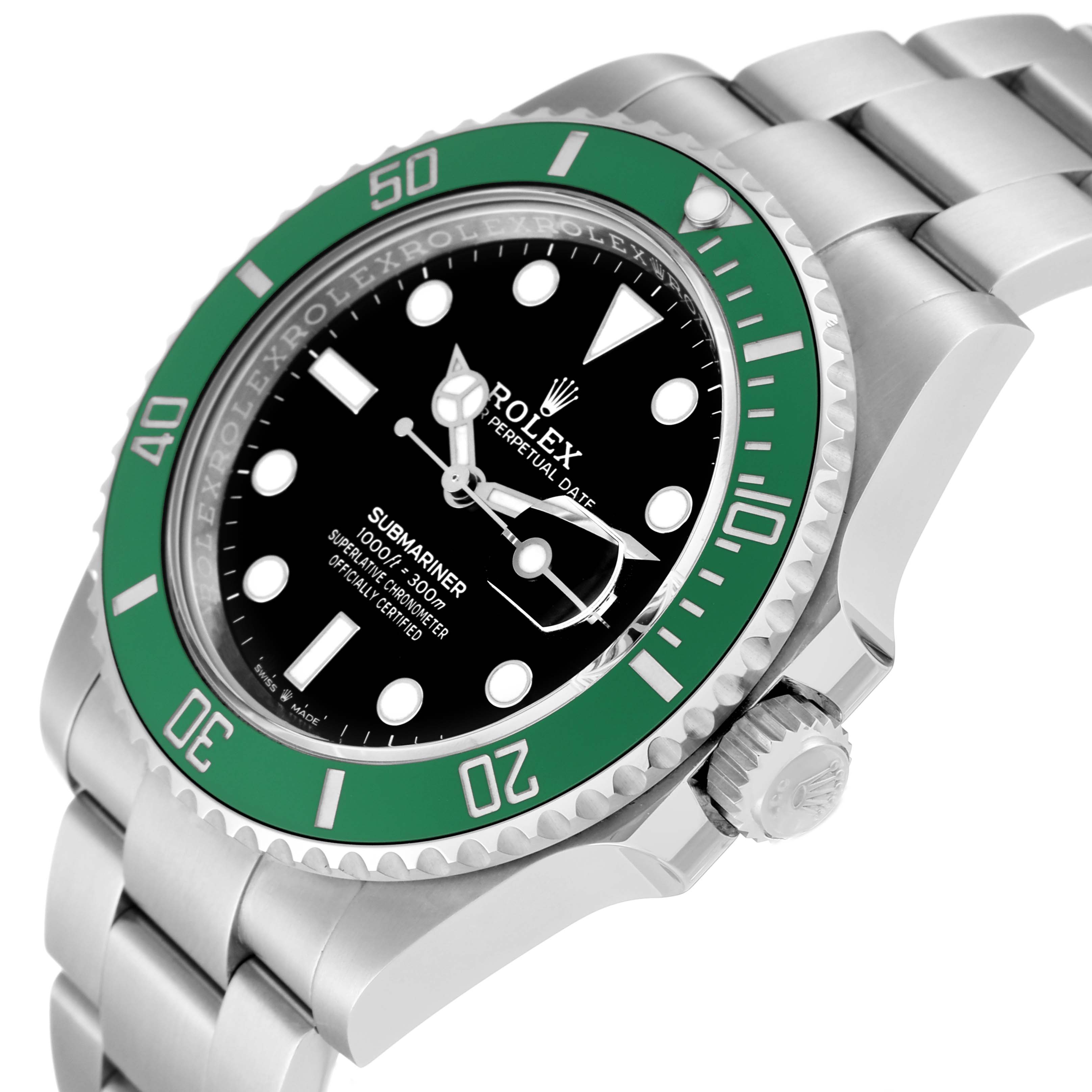 This image shows a Rolex Submariner 126610LV Men
s Stainless Steel Black Dial 126610LV Men
s Stainless Steel Black Dial watch from an angled side view, highlighting the bezel, dial, and part of the bracelet.