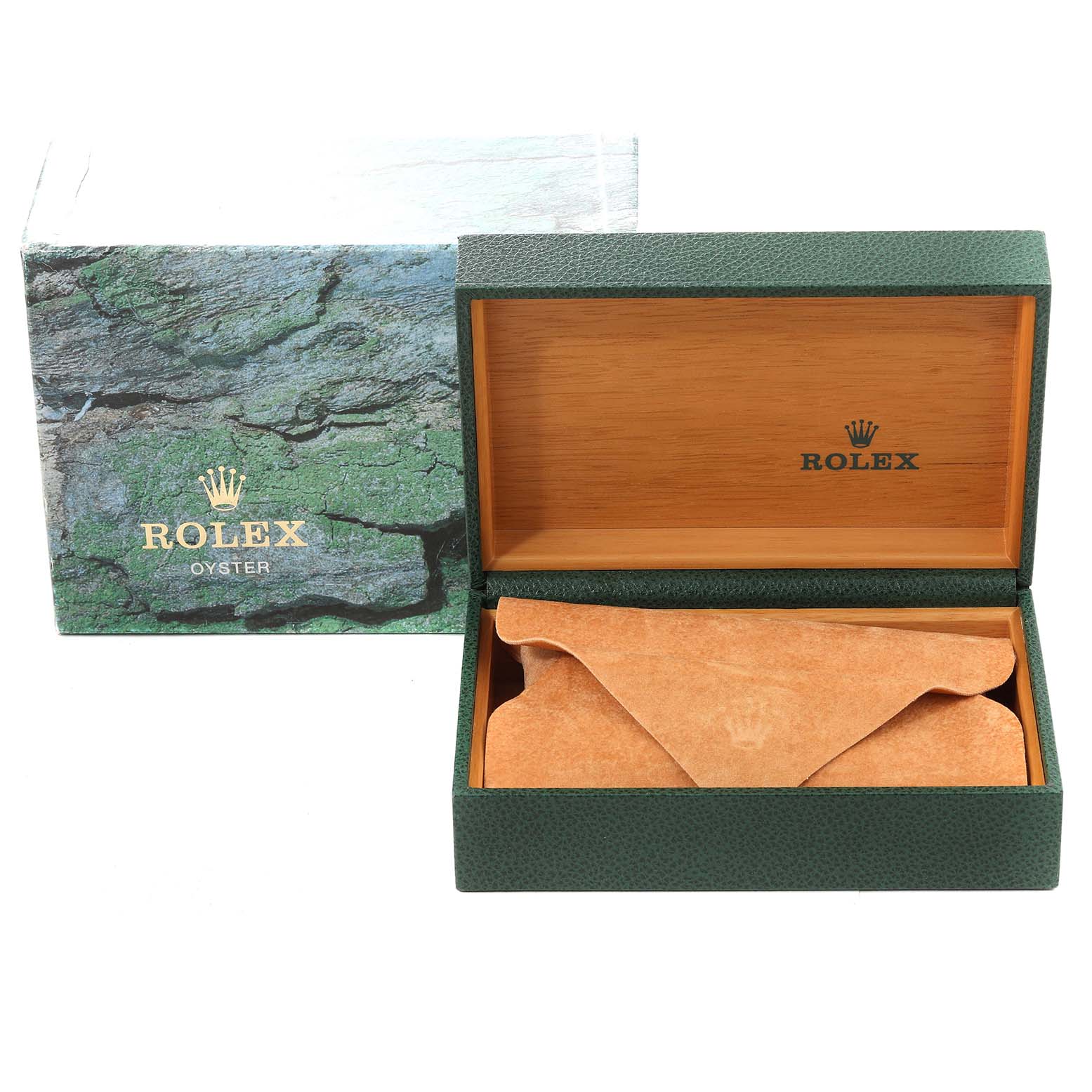 The image shows an empty Rolex Submariner 16613 Men's Steel and Gold (two tone) Black Dial 16613 Men's Steel and Gold (two tone) Black Dial watch box and packaging viewed from the front.