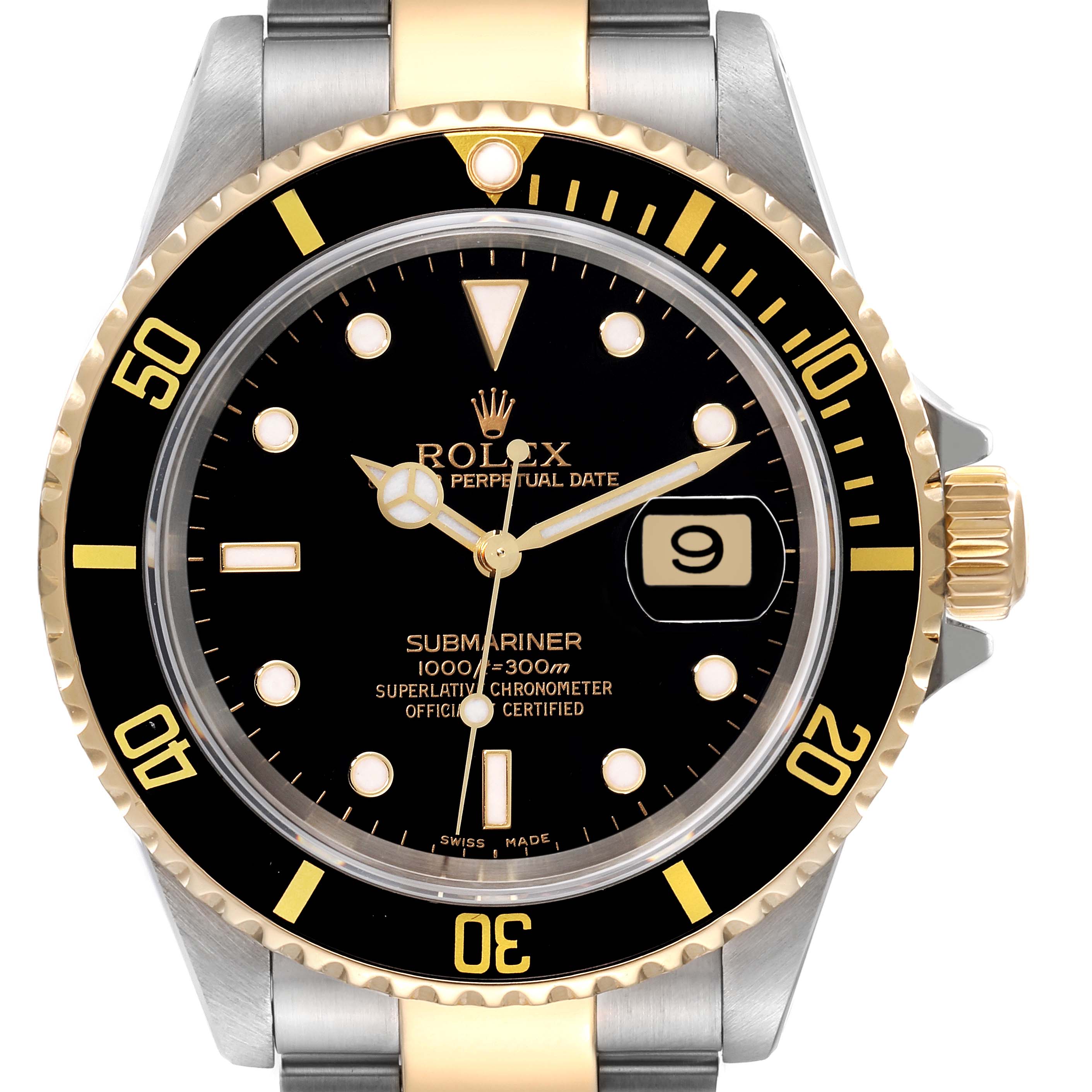 The image shows a front view of a Rolex Submariner 16613 Men's Steel and Gold (two tone) Black Dial 16613 Men's Steel and Gold (two tone) Black Dial watch, displaying the dial, bezel, crown, and part of the bracelet.