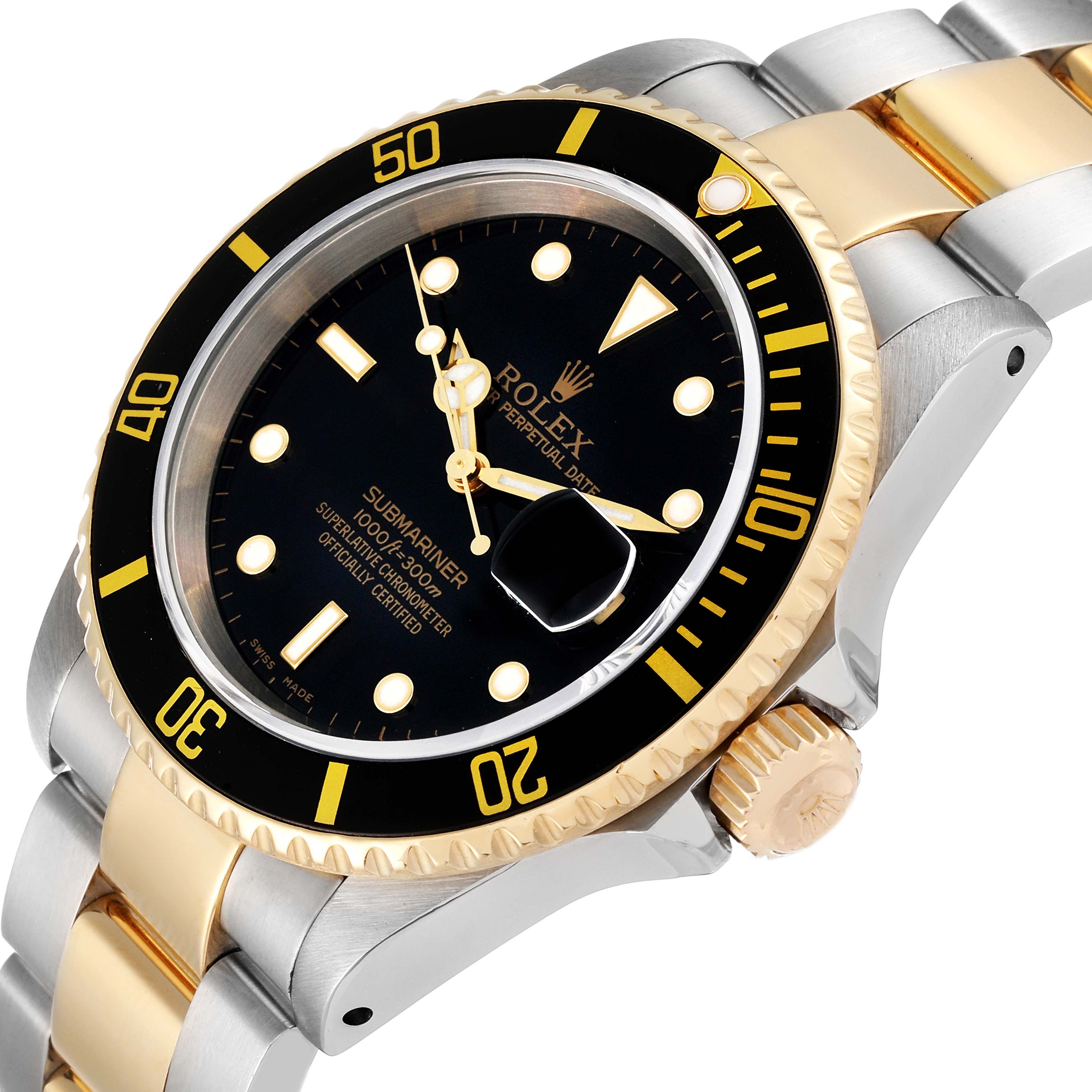 This image shows a close-up, angled view of a Rolex Submariner 16613 Men's Steel and Gold (two tone) Black Dial 16613 Men's Steel and Gold (two tone) Black Dial watch displaying the bezel, crown, bracelet, and dial.