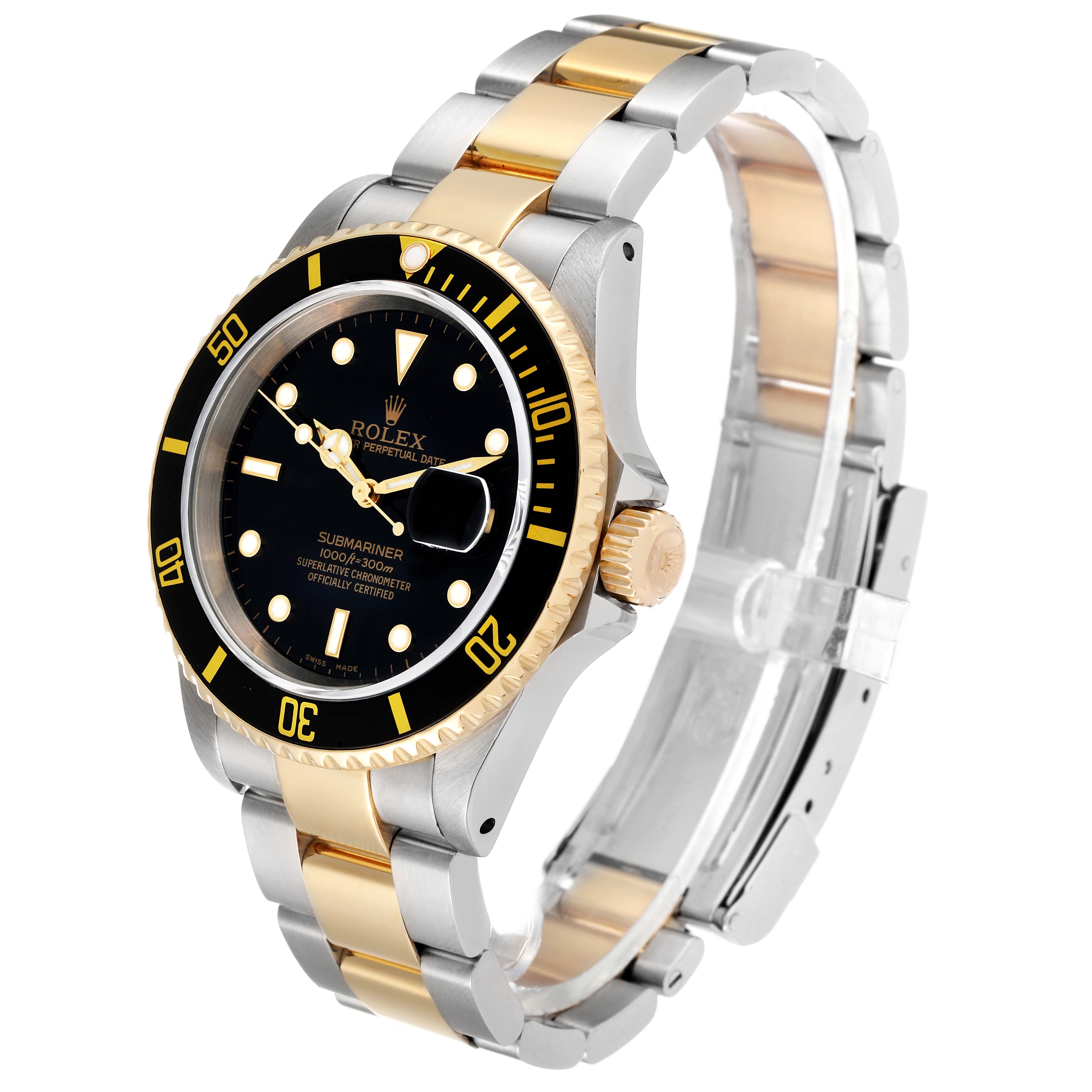 This image shows a Rolex Submariner 16613 Men's Steel and Gold (two tone) Black Dial 16613 Men's Steel and Gold (two tone) Black Dial model watch at a slight angle, highlighting the face, bezel, and two-tone bracelet.
