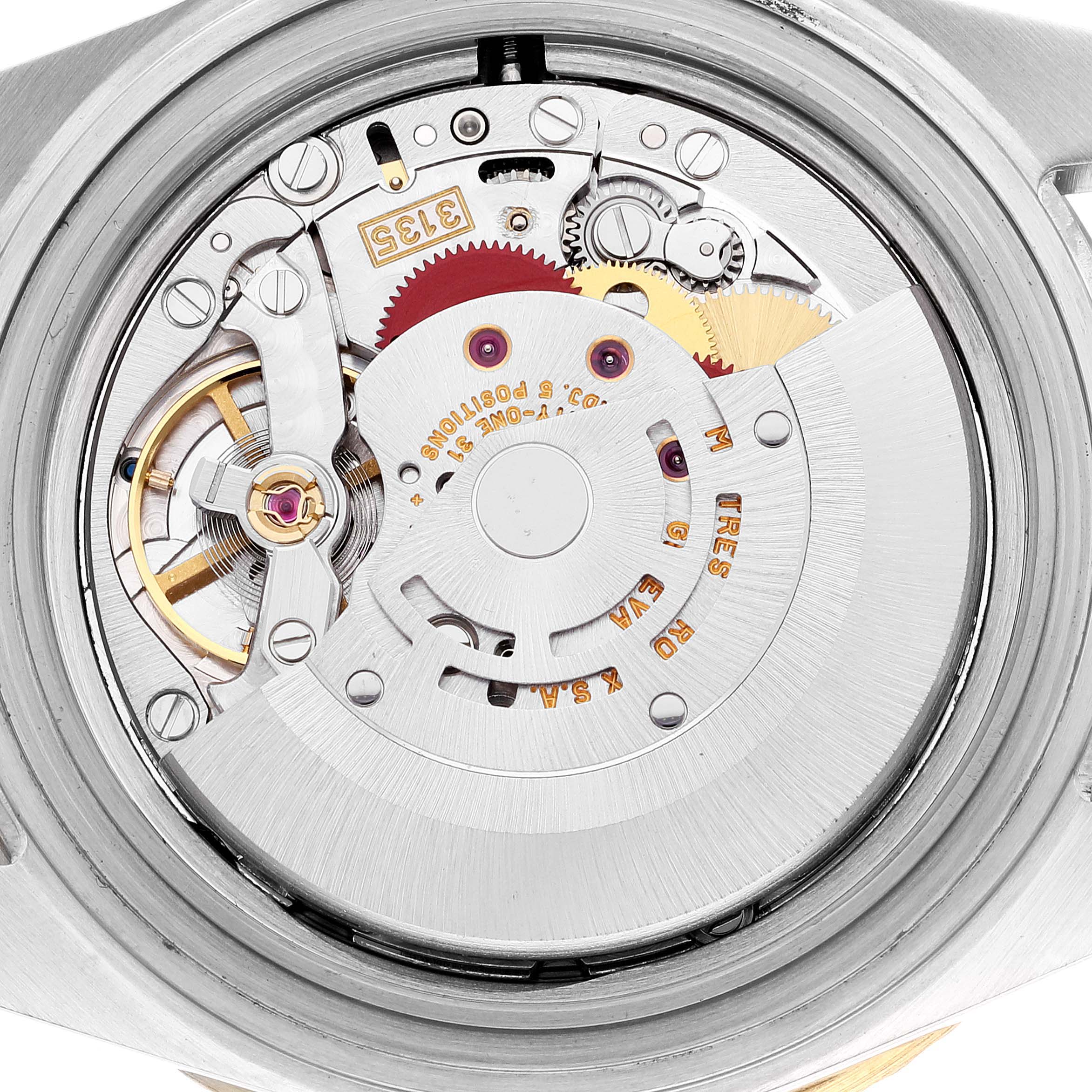 This image shows the internal mechanism of the Rolex Submariner 16613 Men's Steel and Gold (two tone) Black Dial 16613 Men's Steel and Gold (two tone) Black Dial watch, displaying gears, screws, and other intricate components.